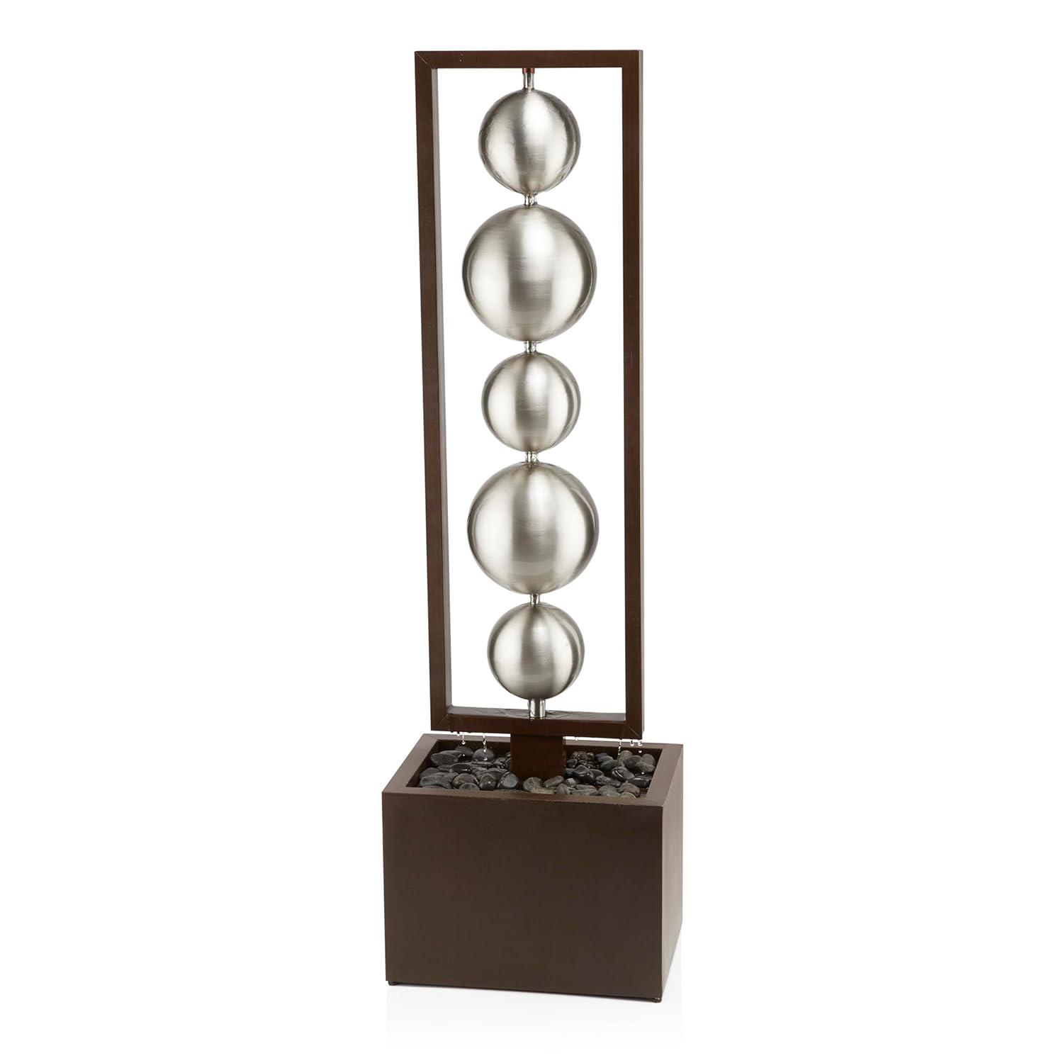 55" Metal Modern Column Fountain with Stainless Steel Orbs Silver/Brown - Alpine Corporation: Electric-Powered