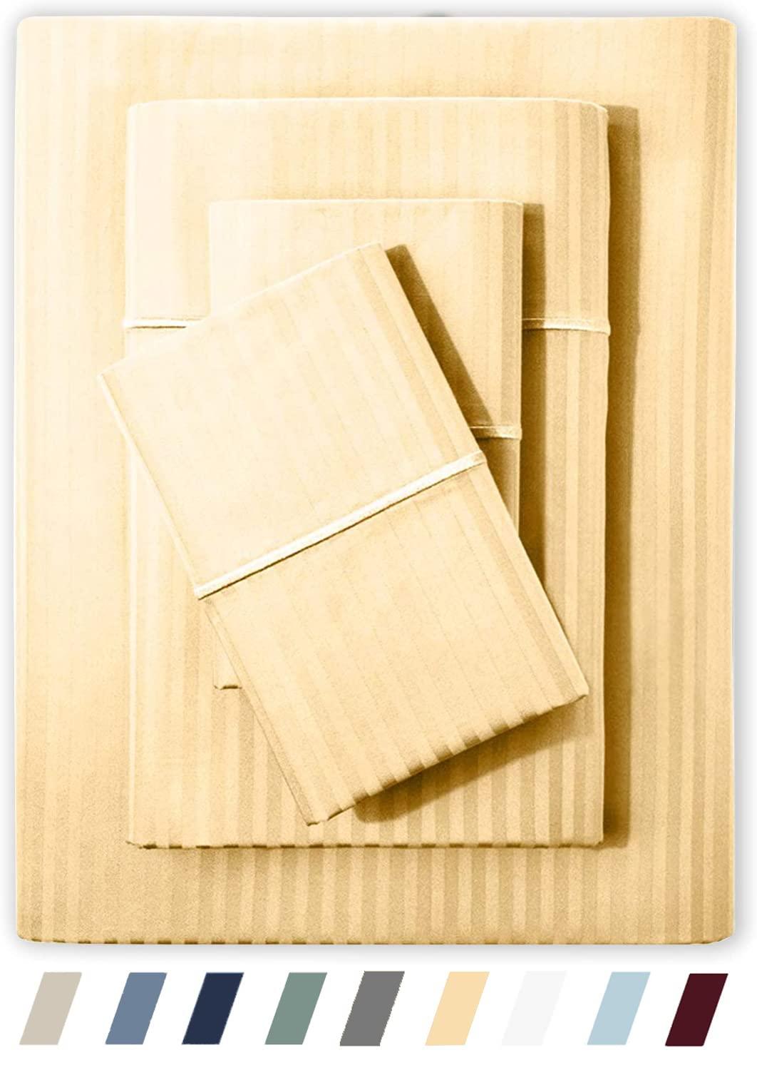 Feather & Stitch 500 TC Split King Size Sheet Set, 5 Piece Bed Sheets Set-2 Twin Fitted Sheet, 1 King Flat Sheet & 2 King Pillowcases, 18" Deep Pockets Sateen Weave Striped Bedsheet - (Semolina)