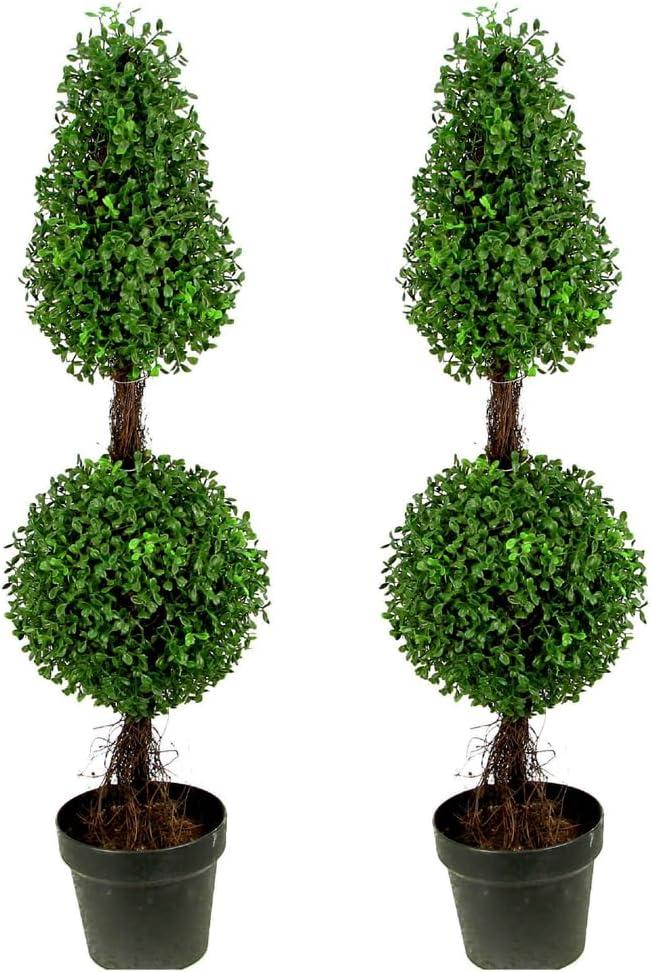 36'' Green Artificial Boxwood Double Ball Topiary in Plastic Pot