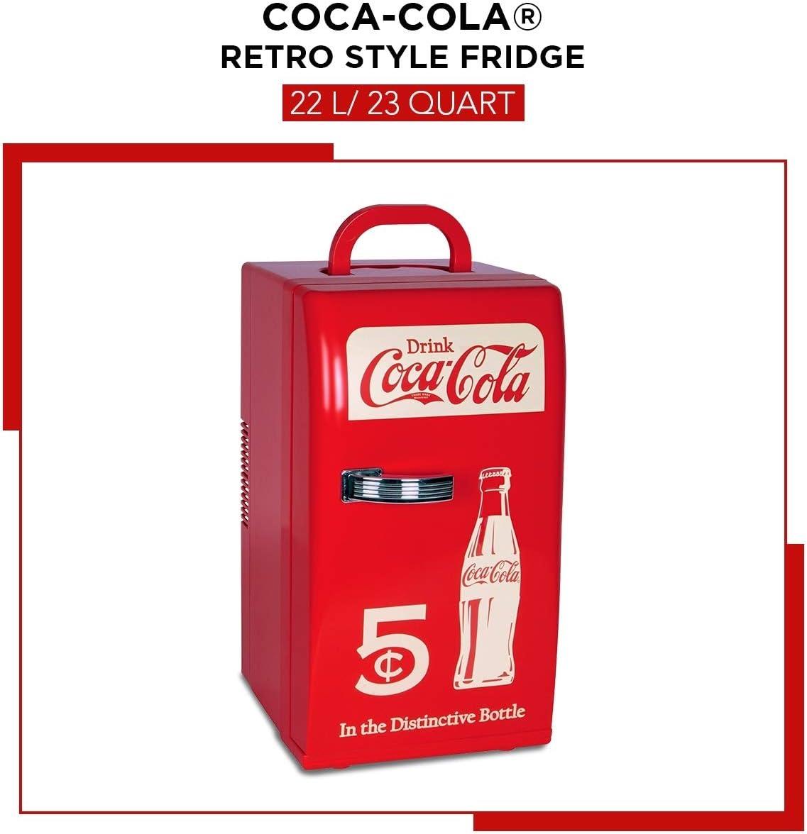Coca-Cola Retro 18 Can Mini Fridge w/ 12V DC and 110V AC Cords, 22L (23 qt), Portable Cooler, Red, Travel Fridge for Drinks