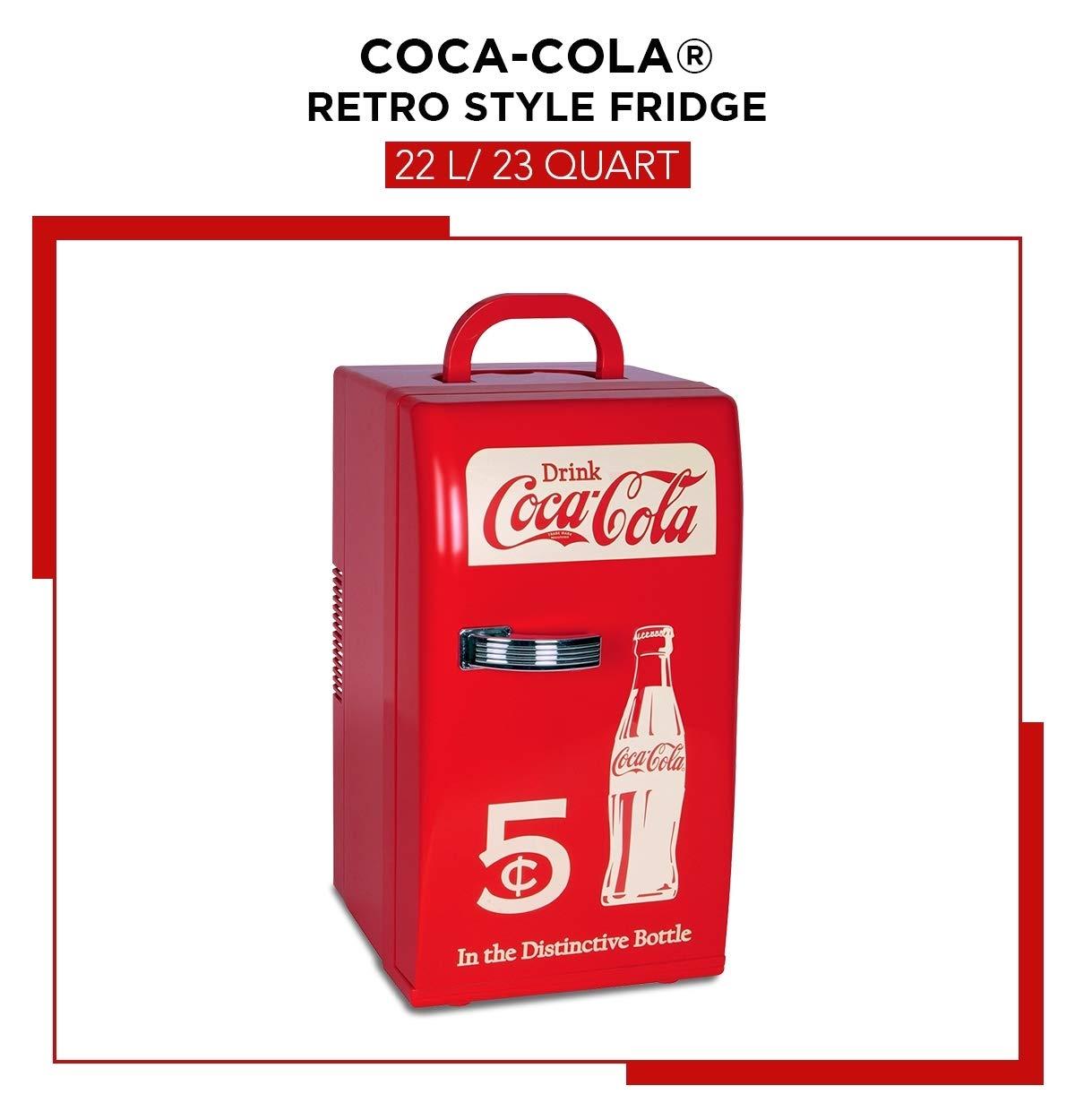 Coca-Cola Retro 18 Can Mini Fridge w/ 12V DC and 110V AC Cords, 22L (23 qt), Portable Cooler, Red, Travel Fridge for Drinks
