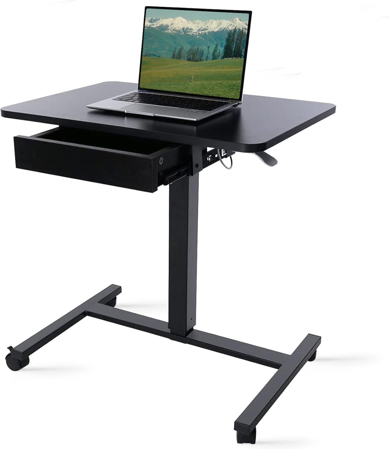 Clatina CLATINA Mobile Laptop Desk Pneumatic Sit to Stand Table Height Adjustable Rolling Cart