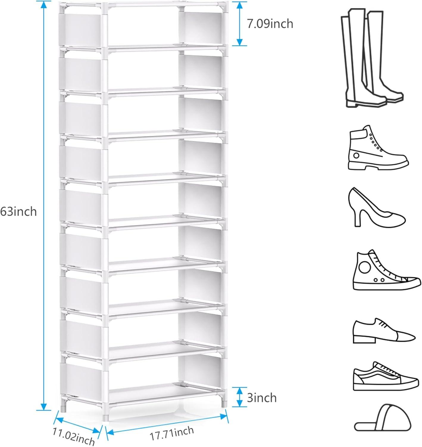 White 10-Tier Tall Stackable Shoe Rack with Hooks