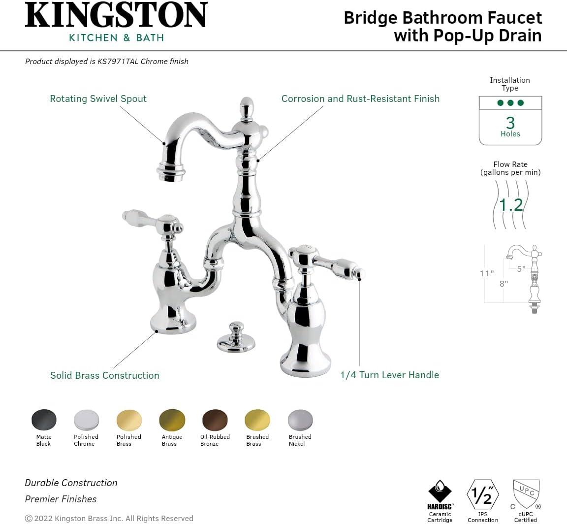 Kingston Brass Tudor Two-Handle 3-Hole Deck Mount Bridge Bathroom Faucet with Brass Pop-Up