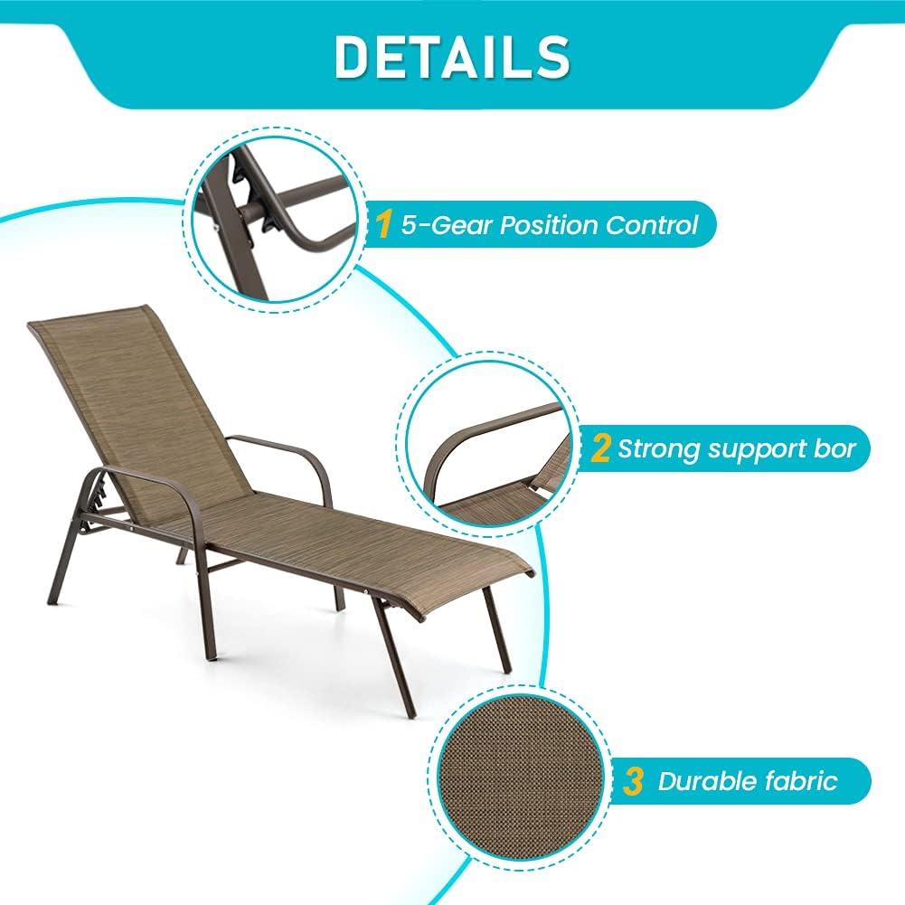 Crestlive Products Set of 2 Aluminum Patio Chaise Lounge Chairs Outdoor Recliners, Brown