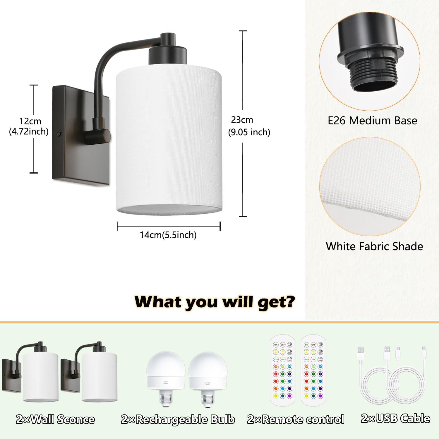 Latitude Run® Battery Operated Wall Sconce Set Of 2, Wireless Rechargeable Wall Lights, Glass Wall Lamps With Remotes And Dimmable RGB LED Bulbs, No Wiring Indoor Sconces Wall Decor For Bedroom Living Room Hallway