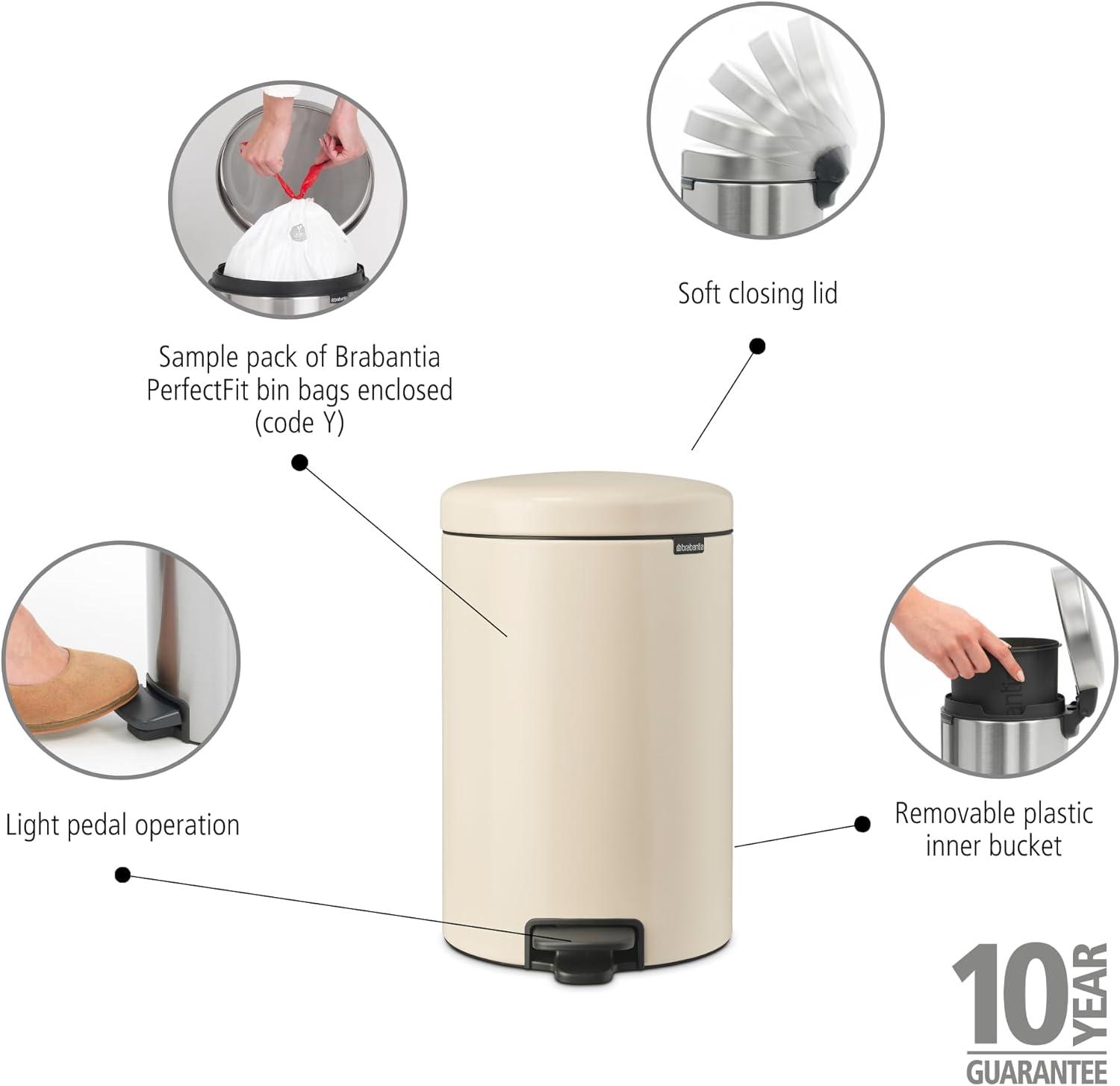 Soft Beige Round Plastic Step-On Kitchen Trash Can, 5.3 Gallons