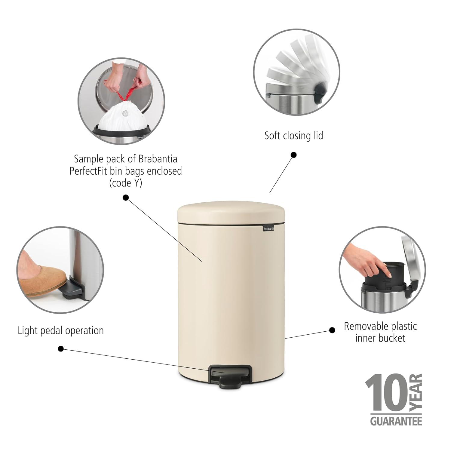 Soft Beige Round Plastic Step-On Kitchen Trash Can, 5.3 Gallons