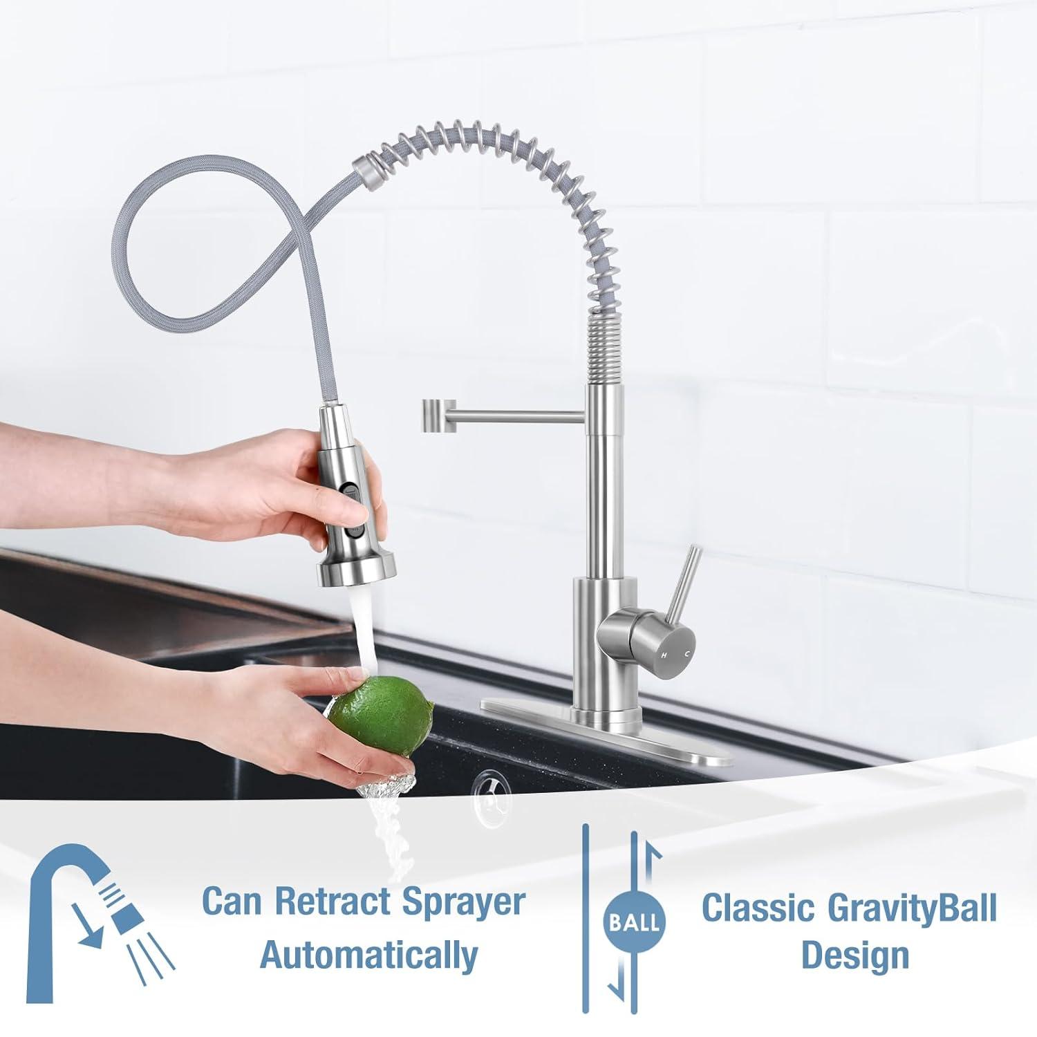Coliware Kitchen Sink Faucet Brushed Nickel with Pull Down Sprayer, Stainless Steel Spring Kitchen High Arc Commercial Faucets with Deck Plate 1 or 3 Hole
