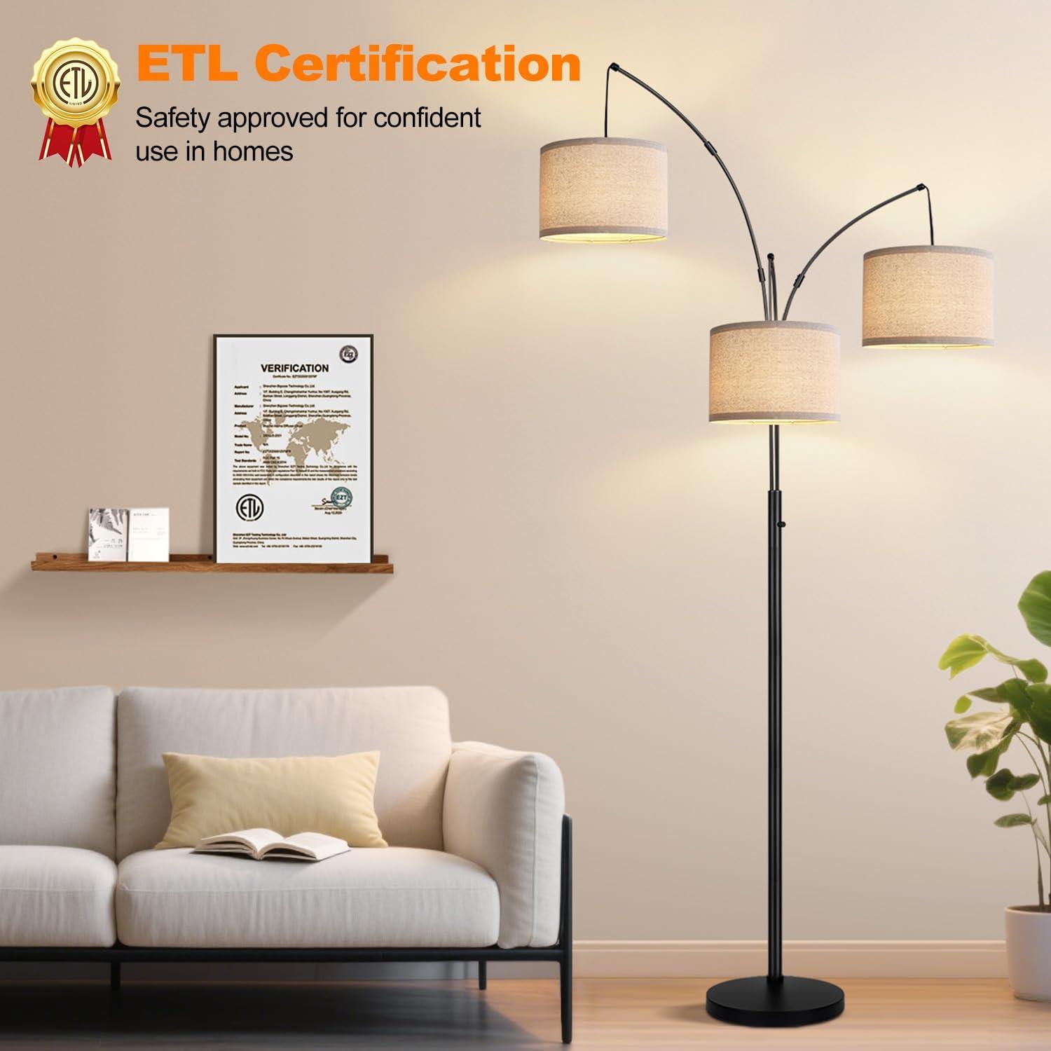 Dimmable Floor Lamp - 3 Lights Arc Floor Lamps for Living Room, 1000LM Modern Tall Standing Lamp with Beige Shades & Heavy Base, Mid Century Tree Floor Lamp for Bedroom Office, 3 LED Bulbs Included