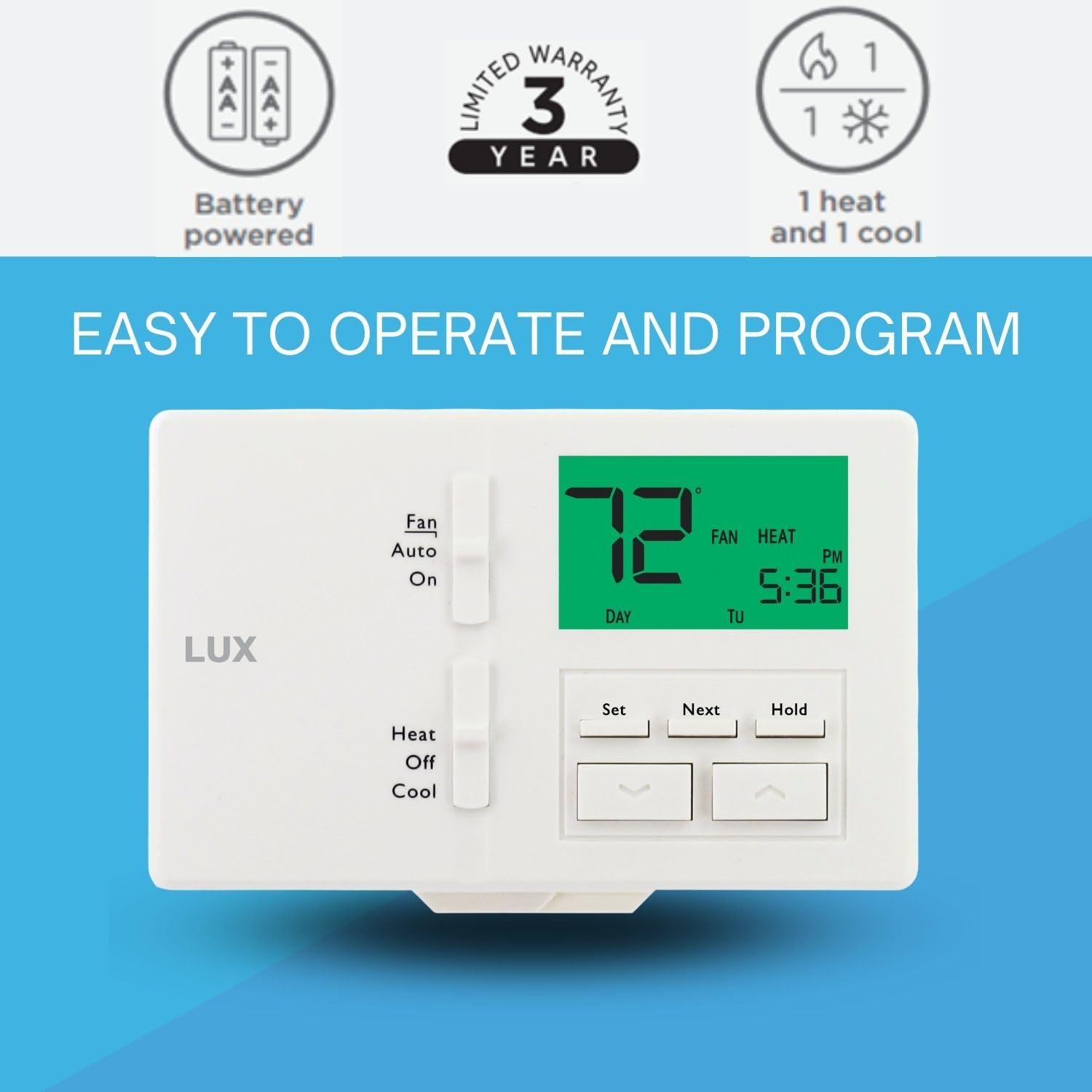 Lux LTX100E Programmable 7 Day Thermostat; 1 Heat, 1 Cool