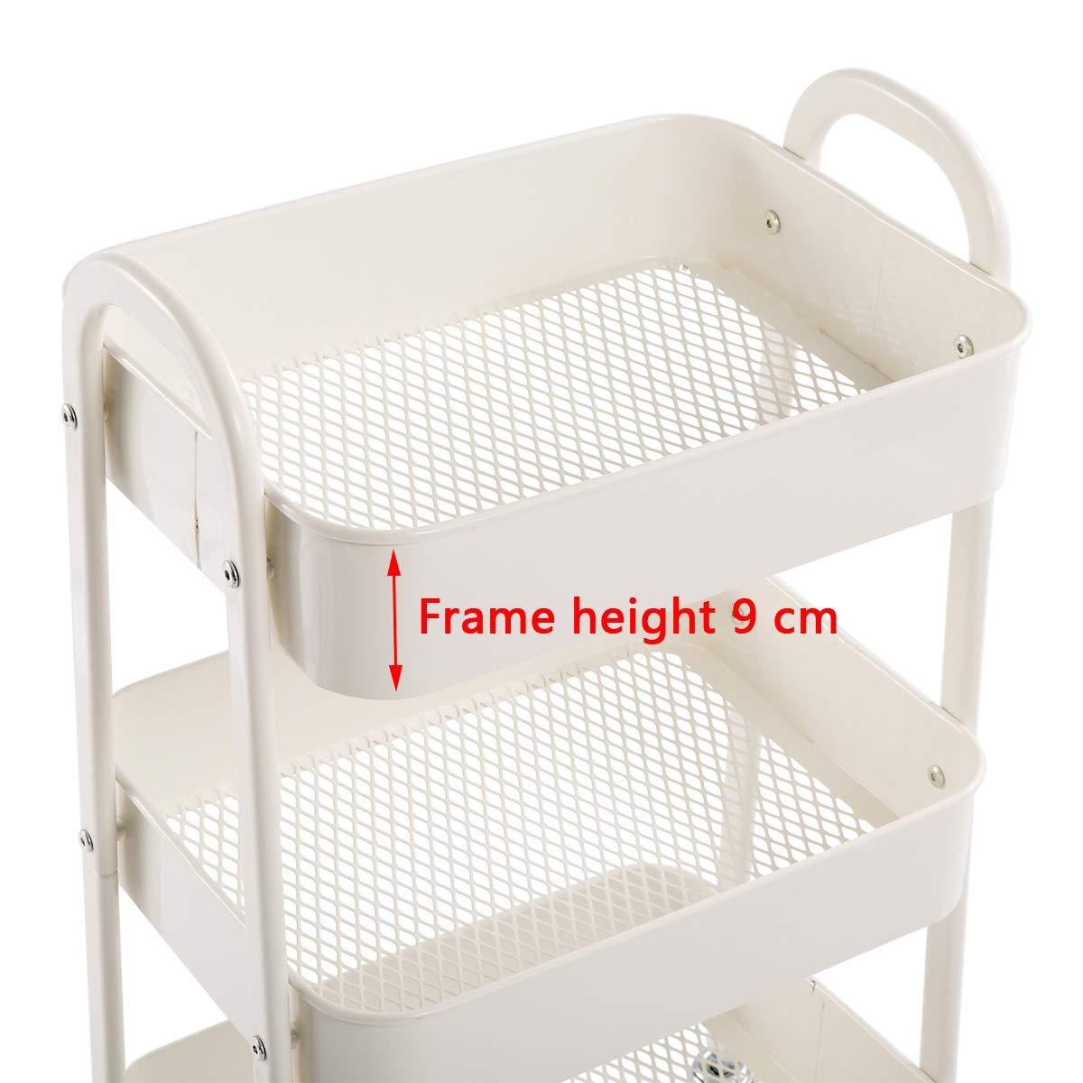 ZUNMOS 3 Tier Utility Rolling Cart, Metal Mobile Storage Cart with Lockable Caster Wheels, Storage Shelves Organizer Cart for Livingroom, Bathroom, Kitchen, & Narrow Places, White