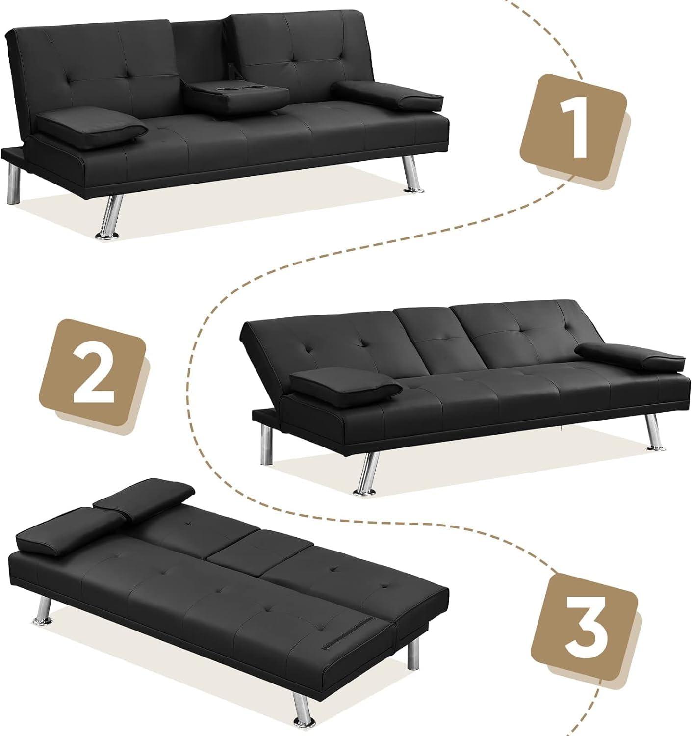 Hbaid Modern Faux Leather Couch Convertible Folding Futon Sofa Bed with 2 Cup Holders, Black