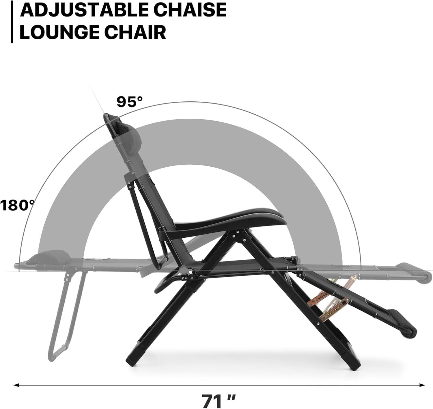 MoNiBloom Patio Lounge Chair with Adjustable Headrest & Foot Pads, Outdoor Folding Reclining Beach Lawn Lounger, Black