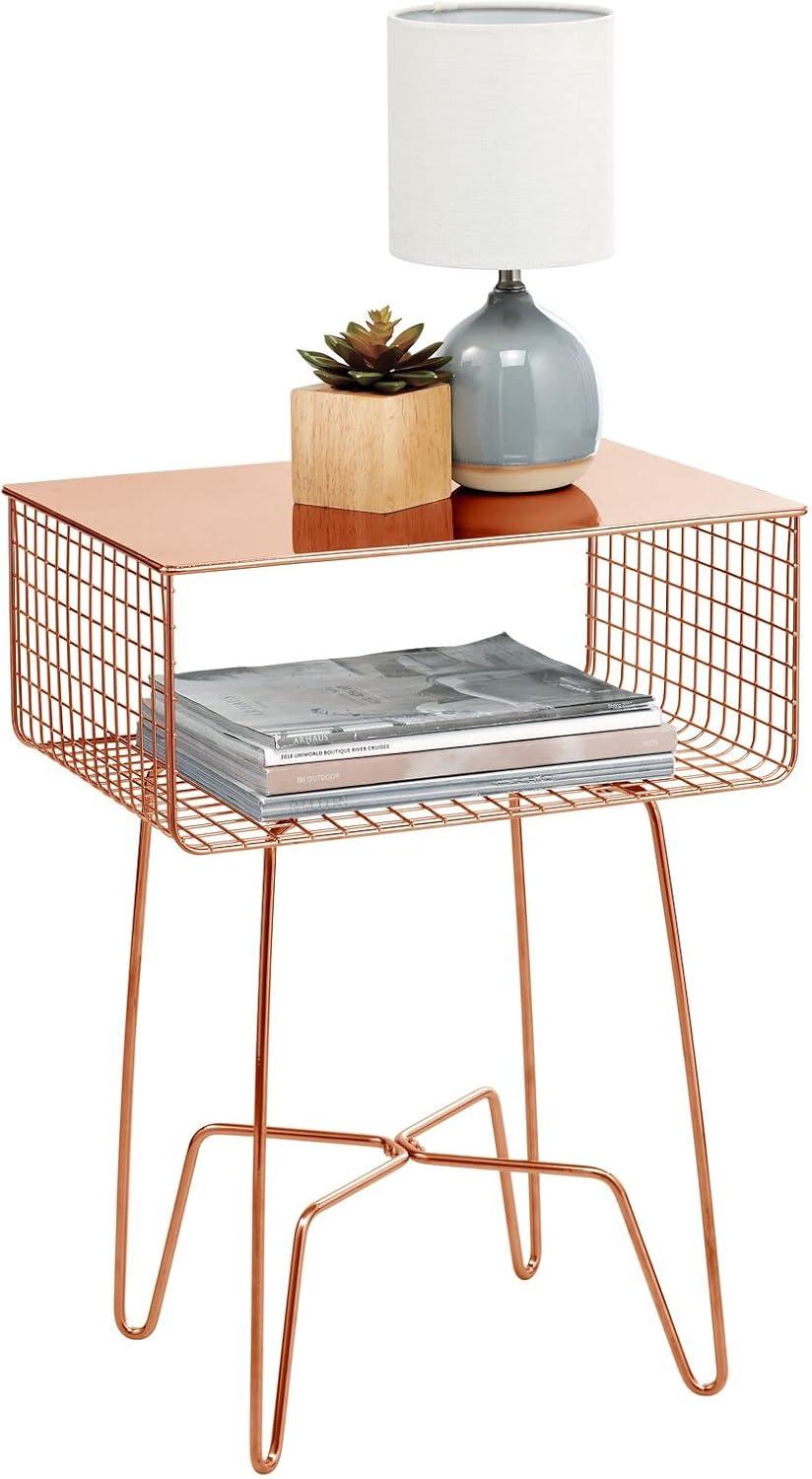 mDesign Steel Side Table Nightstand with Storage Shelf Basket for Bedroom, Living Room, Home Office; Rustic Bedside End Table, Industrial Modern Accent Furniture - Concerto Collection - Rose Gold