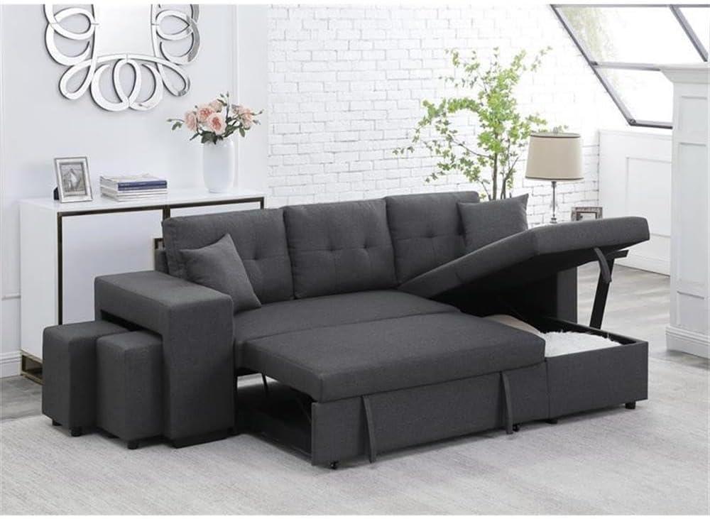 Lilola Home Linen Reversible Sleeper Sectional Sofa with Chaise Stools, Gray