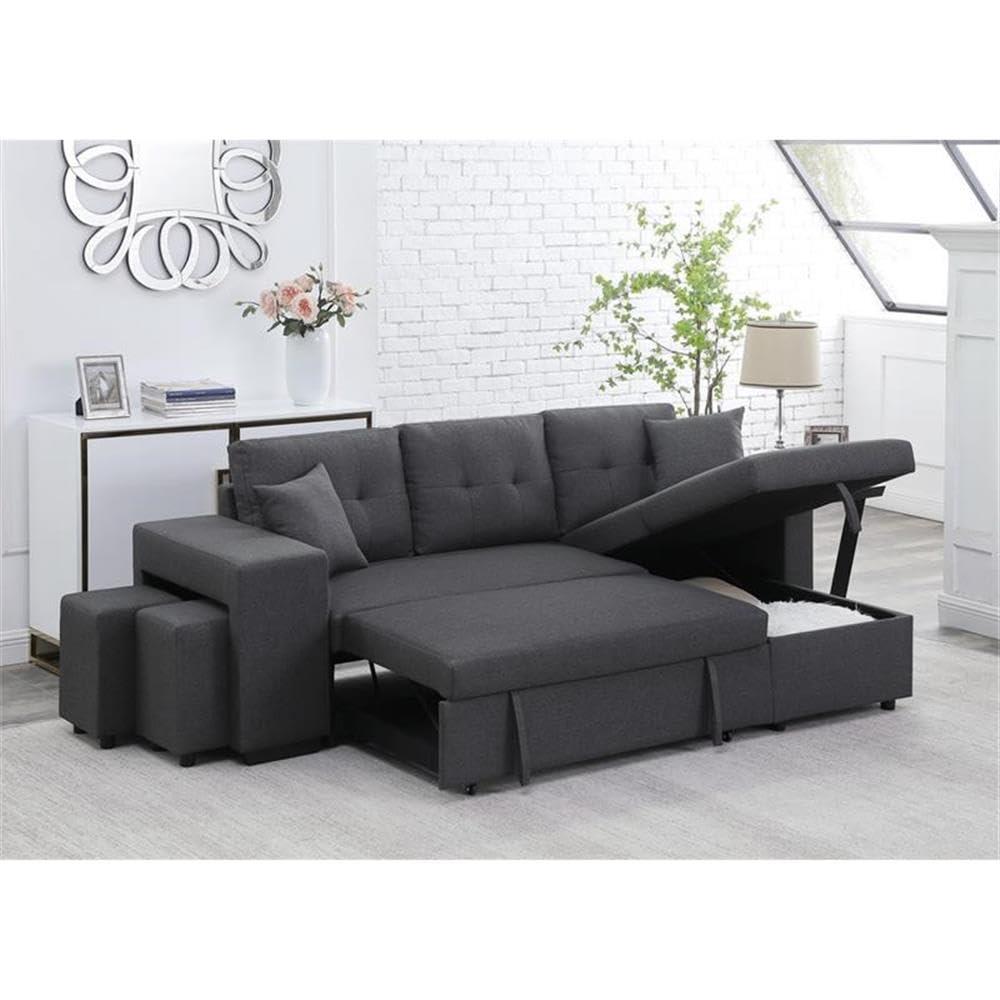 Lilola Home Linen Reversible Sleeper Sectional Sofa with Chaise Stools, Gray