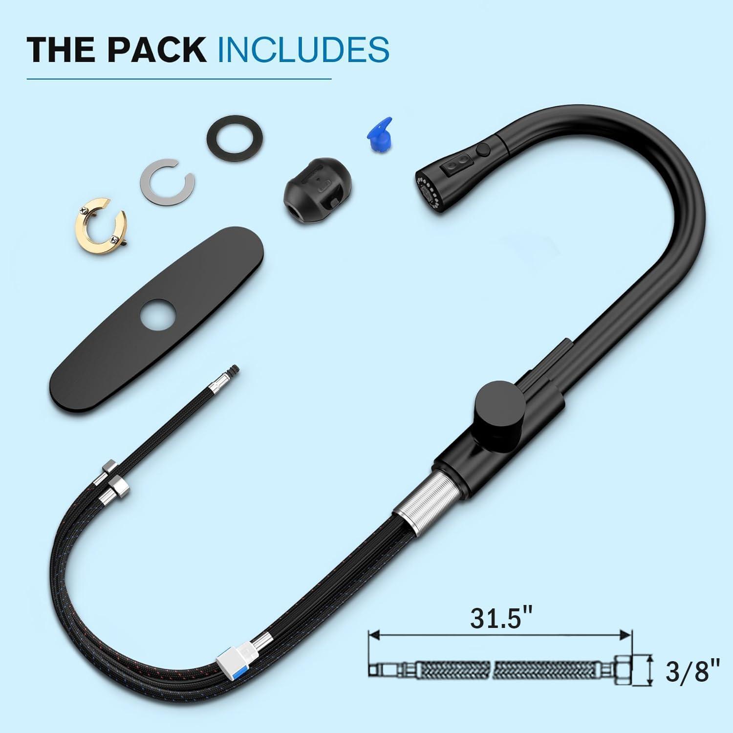 Black Kitchen Sink Faucet, Kitchen Faucet with Pull Down Sprayer, Stainless Steel Single Handle Faucet for Kitchen Sink with Deck Plate, Fitted for RV, Bar, Laundry, Apartments, Farmhouse