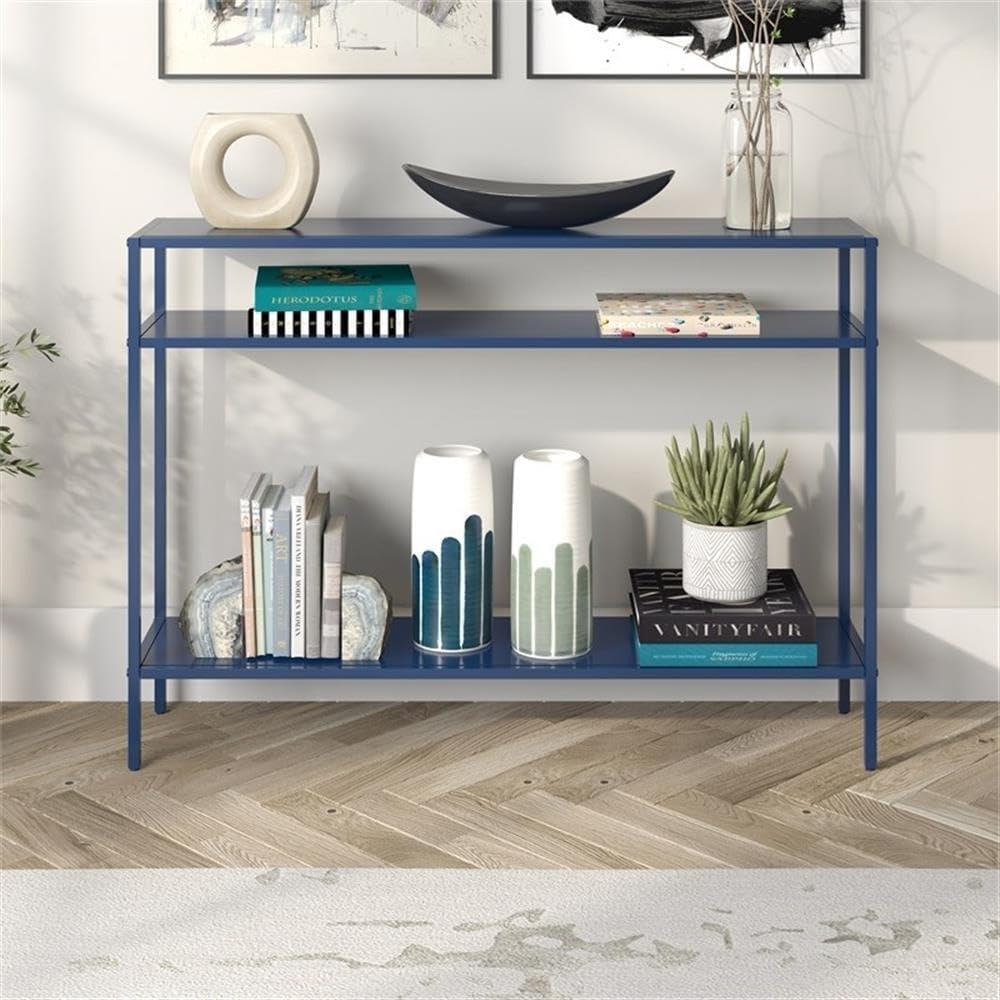 Evelyn&Zoe Ricardo 42" Wide Rectangular Console Table with Metal Shelves, Mykonos Blue