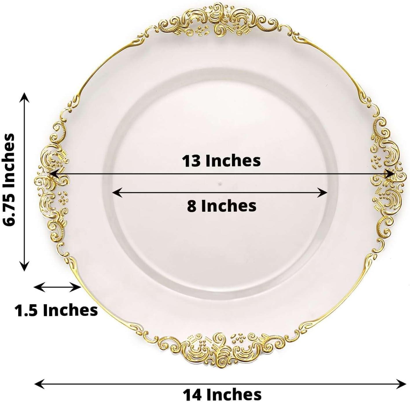 Efavormart 6 Pack Clear Gold 13" Round Baroque Charger Plates Leaf Embossed Rim for Tabletop Decor Catering Event Decoration