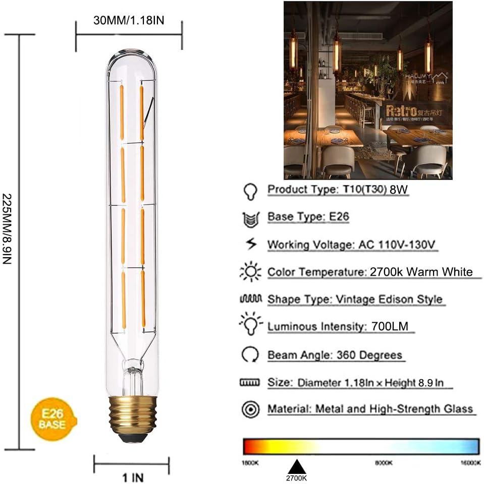 Dimmable T10 led Long Bulb 8W Equal 80 watt E26 Light Bulb Warm White 2700K Edison Tube Light Bulbs 700LM for Rustic Pendant,Industrial Pipe,Wall sconces,8.9inch,Pack of 4