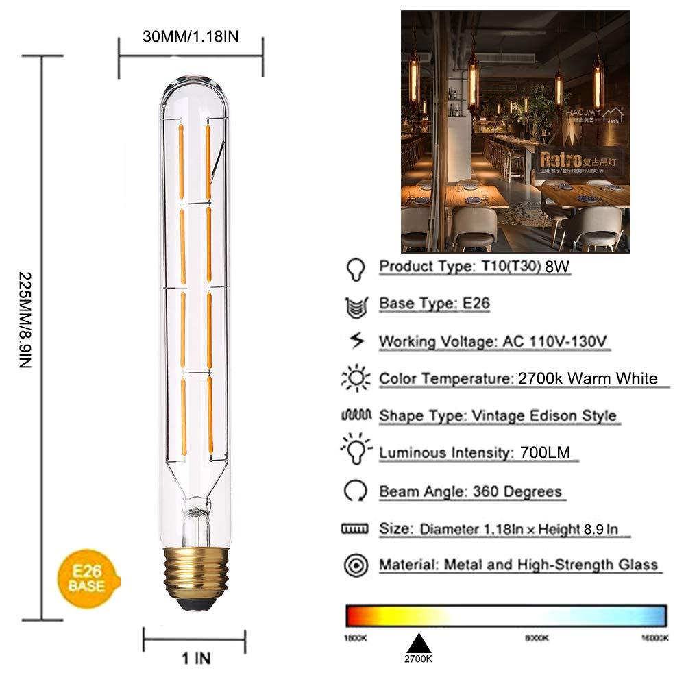 Dimmable T10 led Long Bulb 8W Equal 80 watt E26 Light Bulb Warm White 2700K Edison Tube Light Bulbs 700LM for Rustic Pendant,Industrial Pipe,Wall sconces,8.9inch,Pack of 4