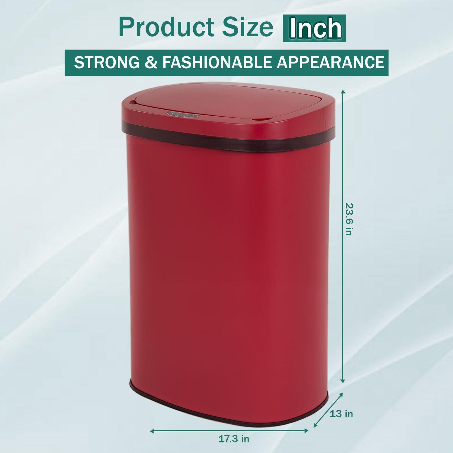 13 Gallon 50L Touch Automatic Stainless Steel Trash Can Garbage Can Metal Trash Bin with Lid for Kitchen Living Room Office Bathroom, Electronic Sensor Automatic Trash Can - Red