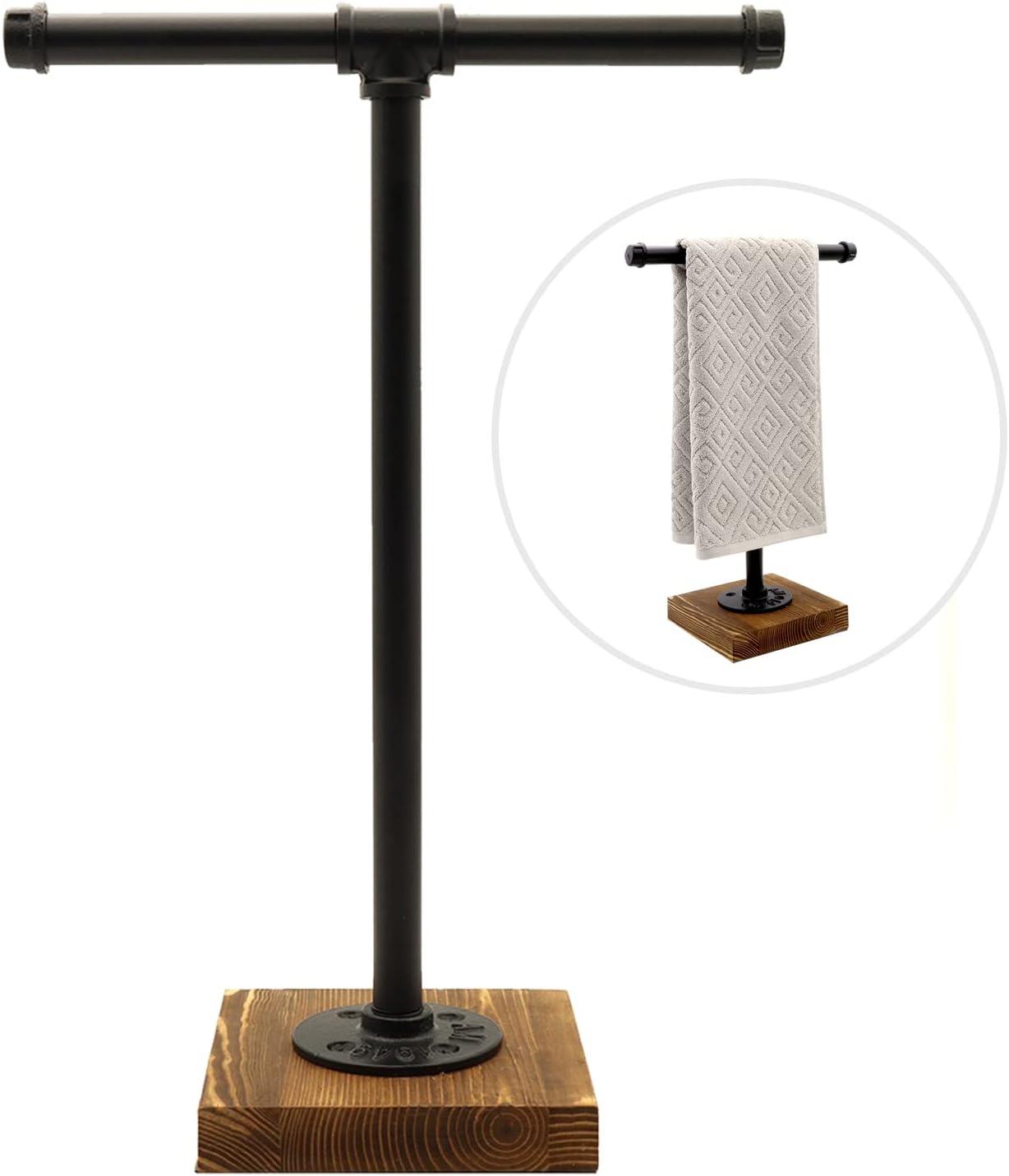 Hand Towel Holder, T-Shape Height 15'' Black Hand Towel Holder Stand, Free Standing Hand Towel Stand for Bathroom Countertop