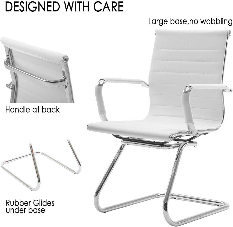 Guyou Modern Mid Back Office Guest Chair Set of 2, Faux Leather Reception Chair Computer Chair with Armrests and Metal Sled Base for Meeting/Waiting/Conference Room, No Wheels, White