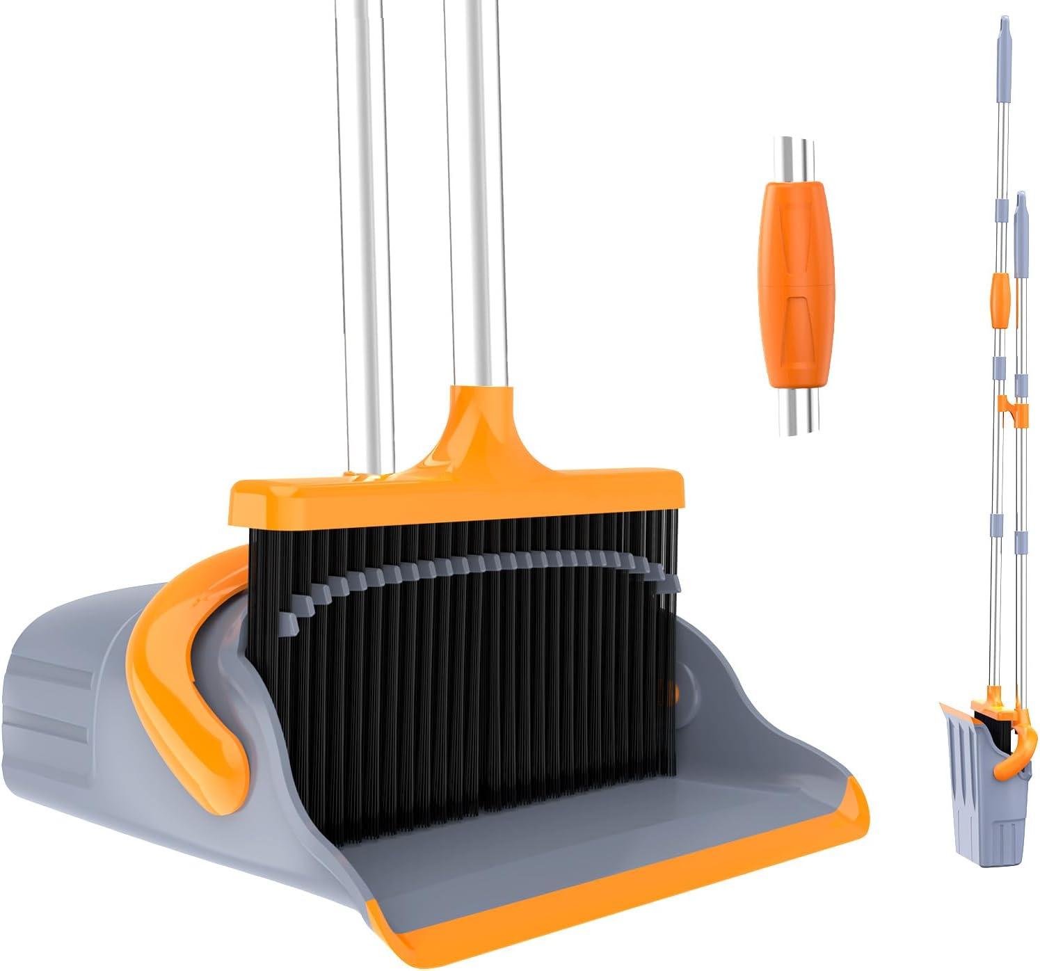 Adjustable Stainless Steel Broom and Dustpan Set with Orange Handle