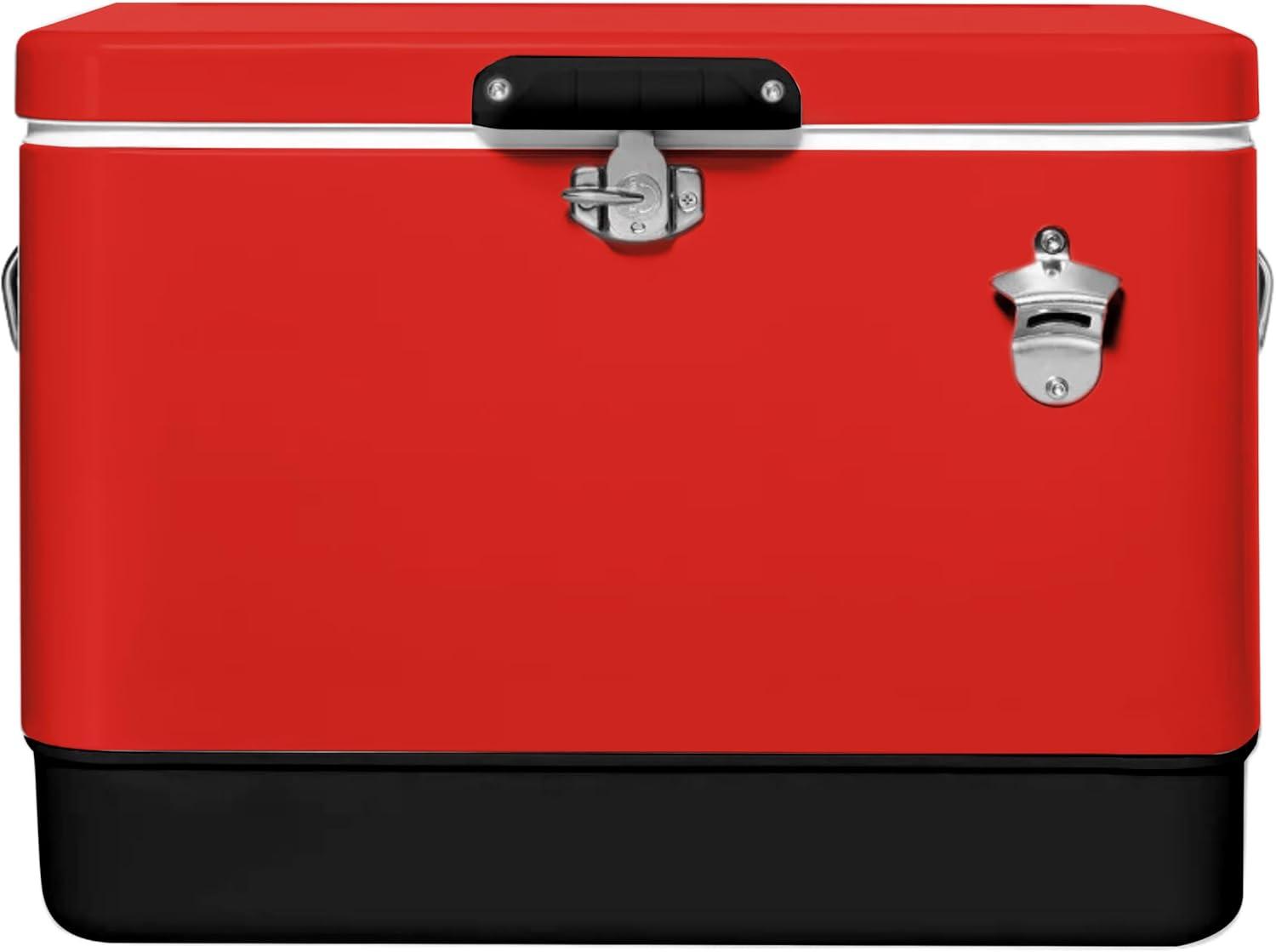 FSE Retro Metal Cooler, 80 Can/54 Qt. Capacity, Hard-Sided, Two Tone, Holds Up to 80 Beverage Cans, Metal Construction with Plastic Lining