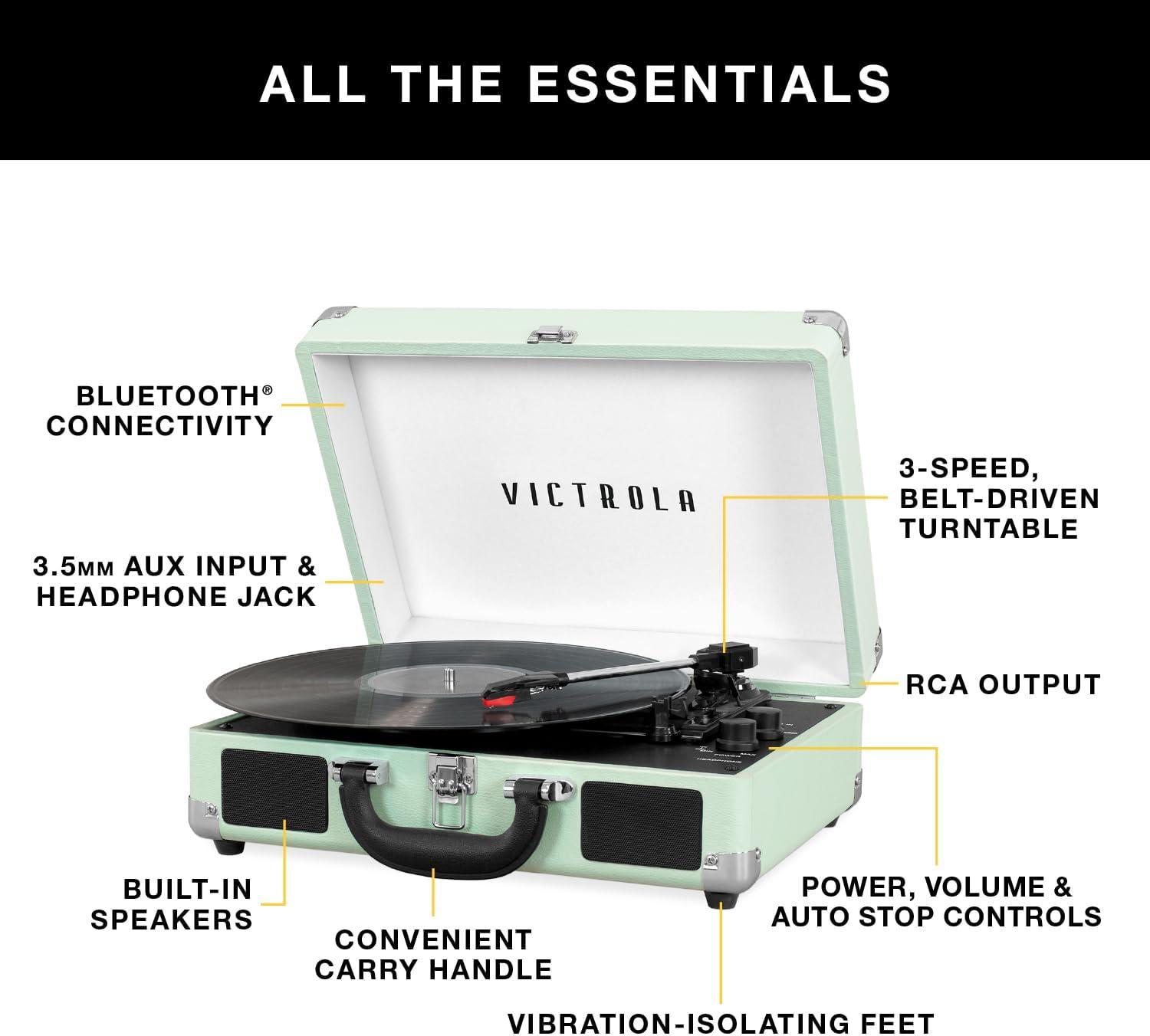 Victrola Journey 3-Speed Bluetooth Suitcase Record Player - Mint: Belt Drive Turntable