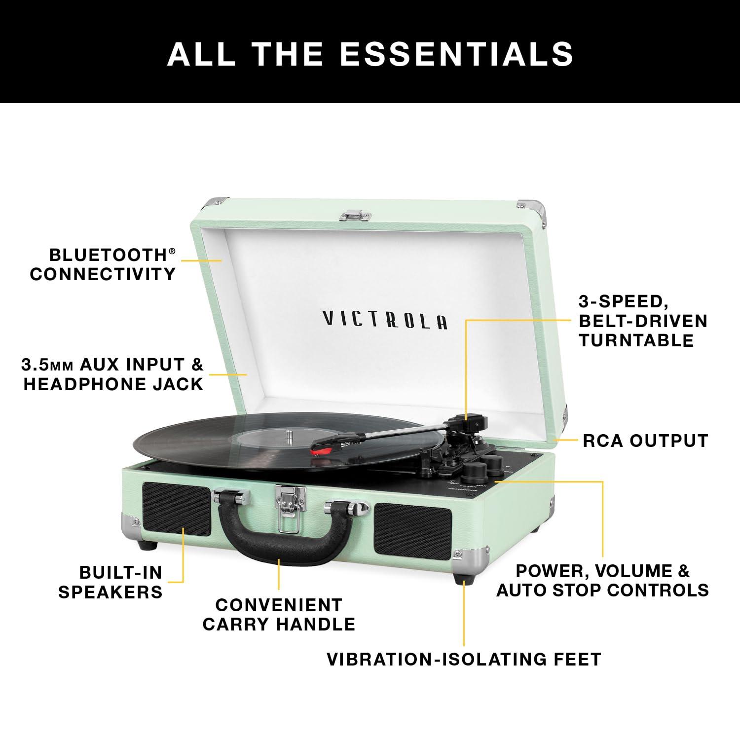 Victrola Journey 3-Speed Bluetooth Suitcase Record Player - Mint: Belt Drive Turntable