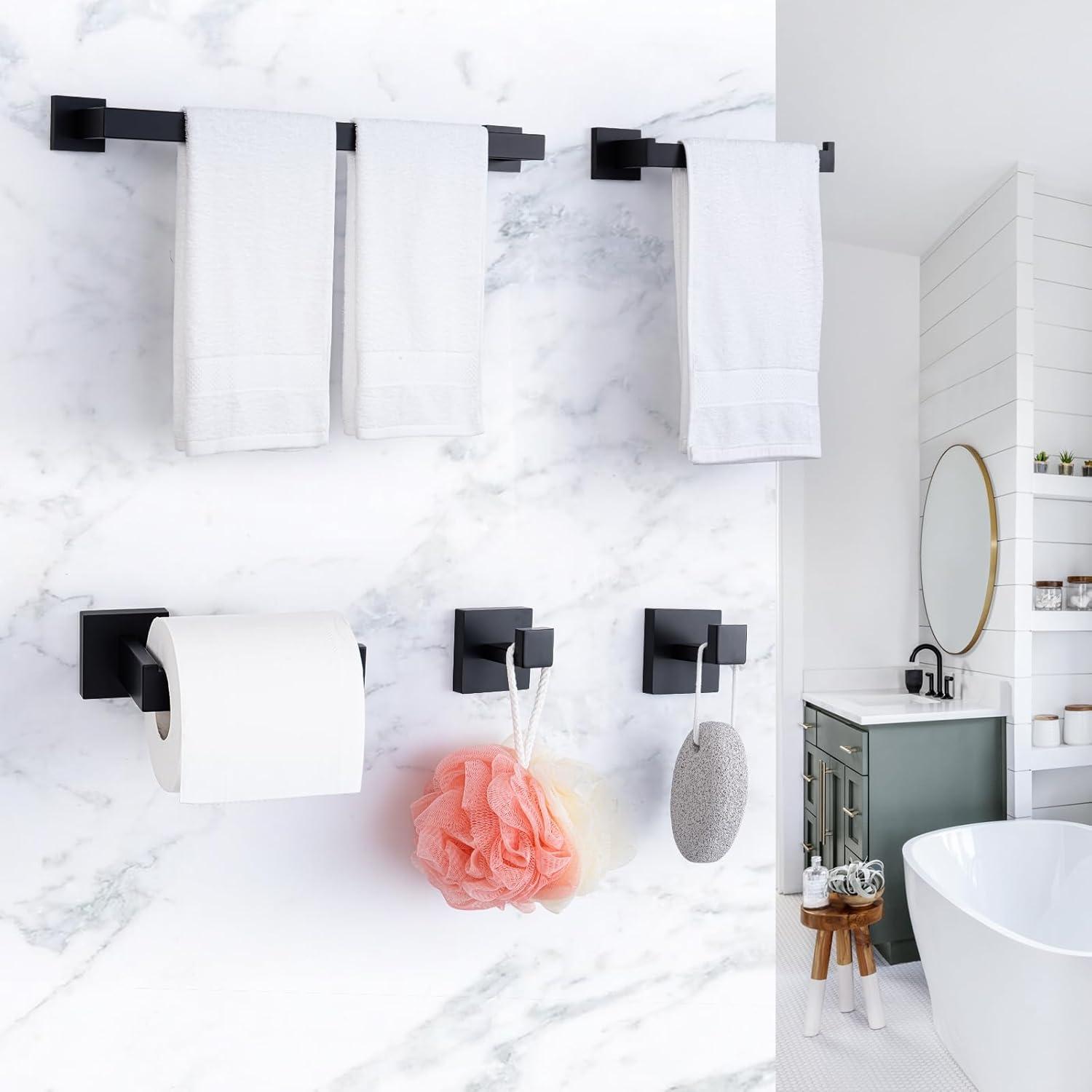 Bathroom Hardware Accessories Set Matte Black,5-Piece Black Towel Bar Set 16" Wall Mounted Towel Holder Stainless Steel-Includes Towel Bar,Robe Towel Hooks,Toilet Paper
