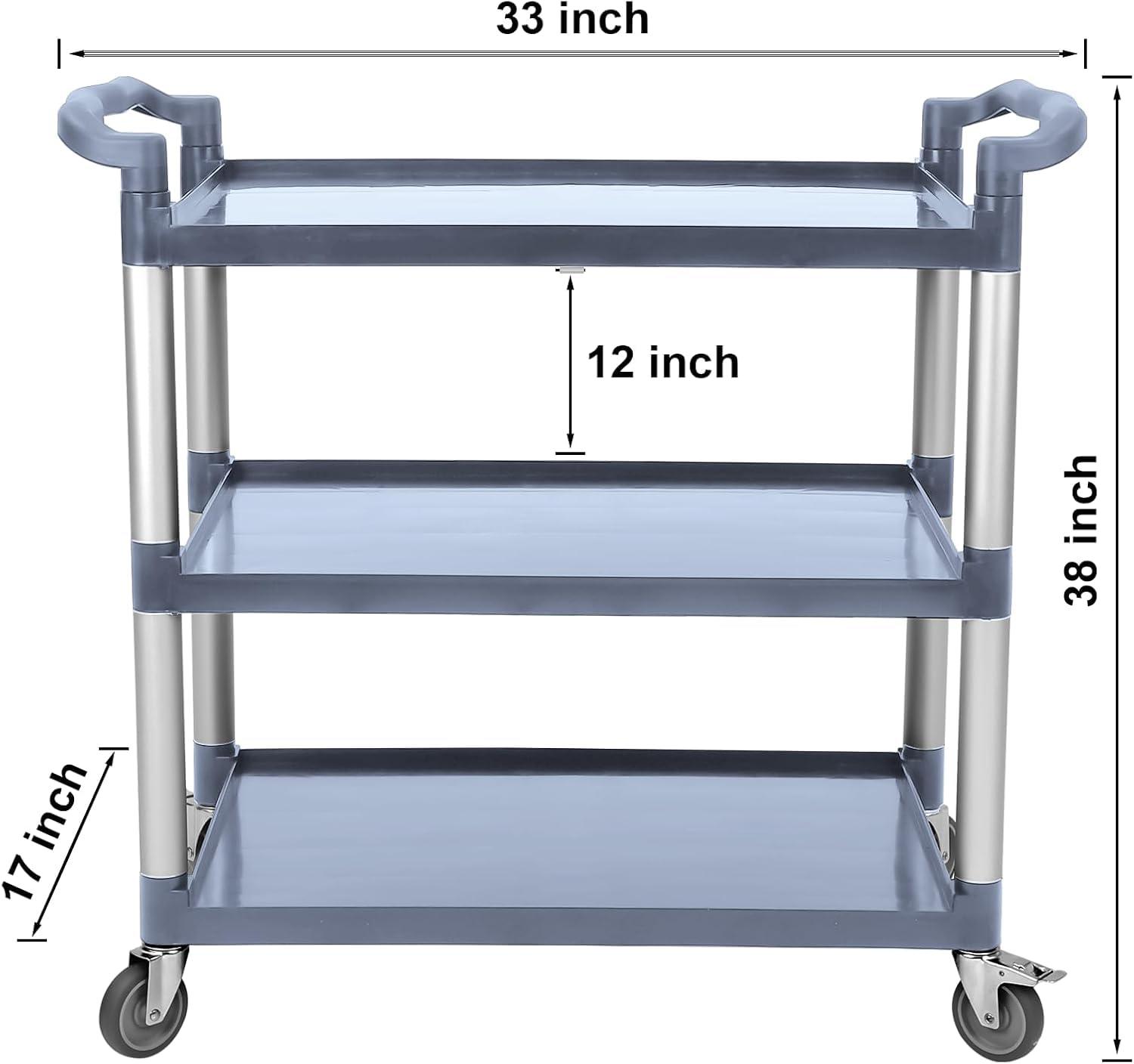 3-Tier Plastic Service Utility Cart With Wheels, Heavy Duty 3-Shelf Rolling Push Cart for Home, Restaurant, Office, Foodservice, Kitchen, Hotel, Commercial, Party - Grey
