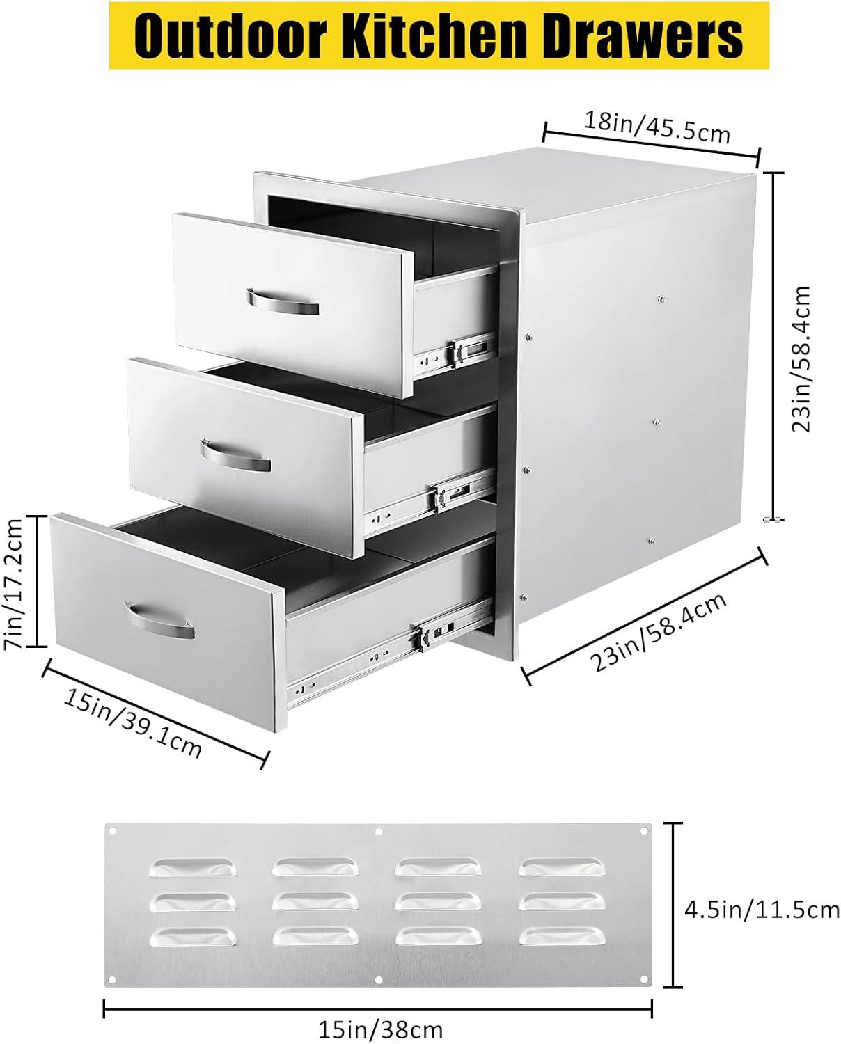 Stainless Steel Triple Drawer Outdoor Kitchen Cabinet with Venting Panel