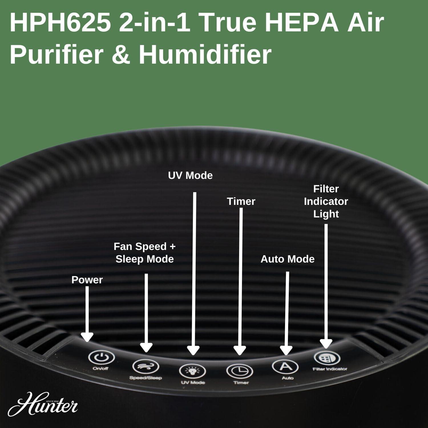 Hunter Fan Company HPH625 Air Purifier Humidifier – 2 in 1 Air Purifier & Humidifier Combo, Grey/ Silver