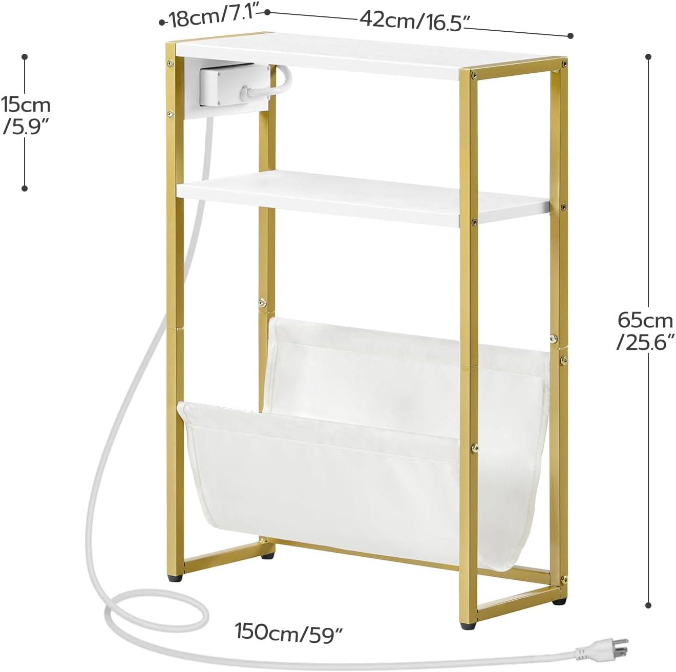 Narrow End Table With Charging Station, 2 Wooden Shelves And Magazine Sling