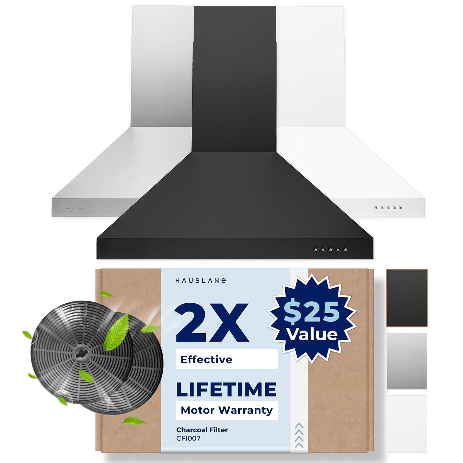 Hauslane Hauslane Wall Mount Range Hood 30 Inch | Wall Chimney | 6” Duct/Ductless Convertible, Strong Suction, Six-layer Aluminum Filters, Changeable LED Lamps, Stove Kitchen Vent Hood WM-530BLK-30B