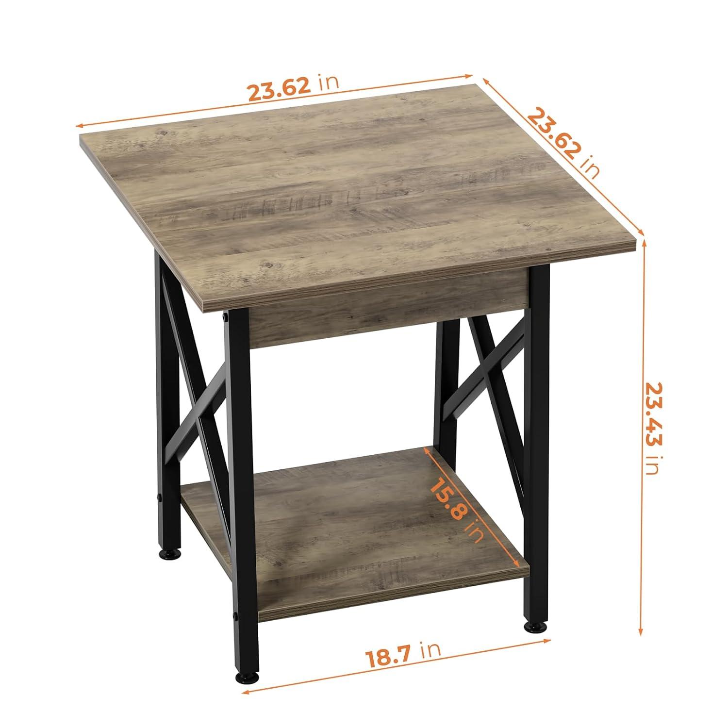 GreenForest End Table 24 inch for Living Room, Large Square Side Tables with X-Frame, Tall Industrial Bedside Nightstand with 2-Tier Storage, Gray Wash