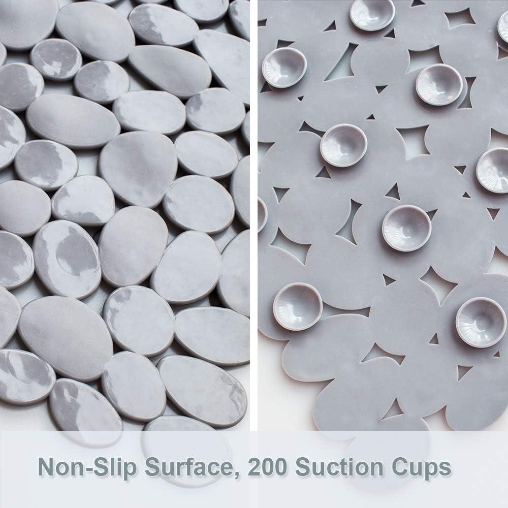 Gray PVC Pebble Bath Mat with Suction Cups and Drain Holes, 35x16 Inches