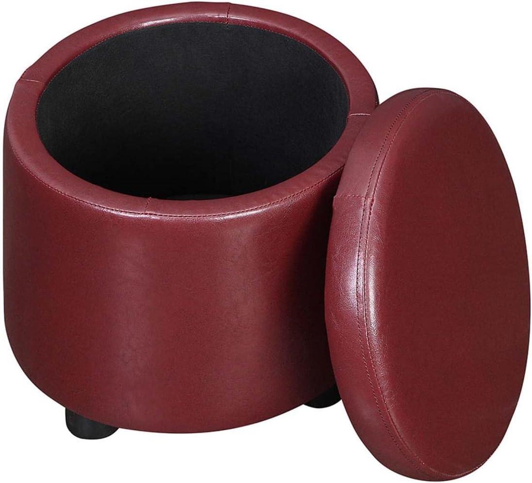 Designs4Comfort Round Accent Storage Ottoman with Reversible Tray Lid, Burgundy Faux Leather