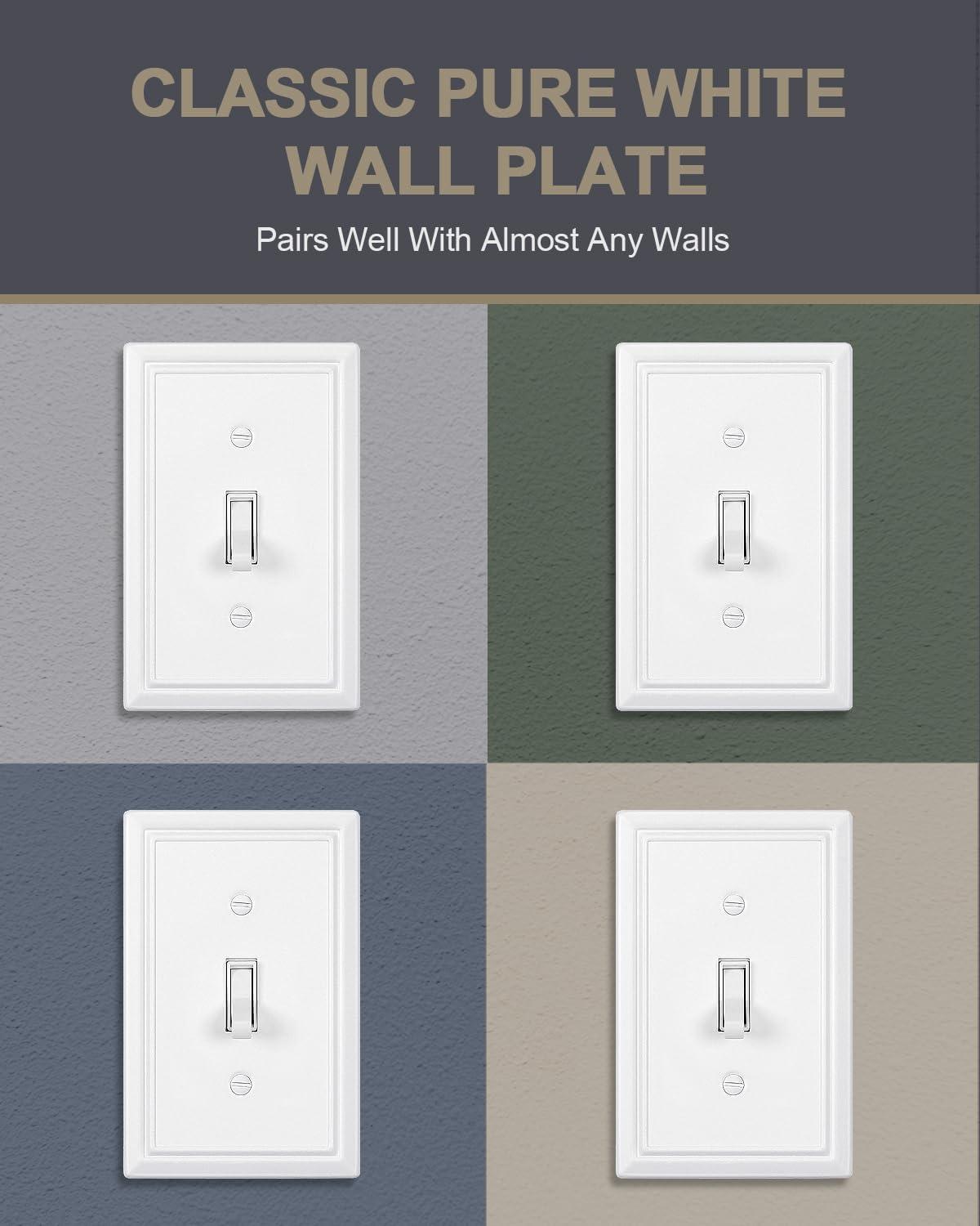 Modern Decorative Wall Plate Switch Plate Outlet Cover, Vintage Retro Wood Grain Design(Single Toggle-4 Pack, White)