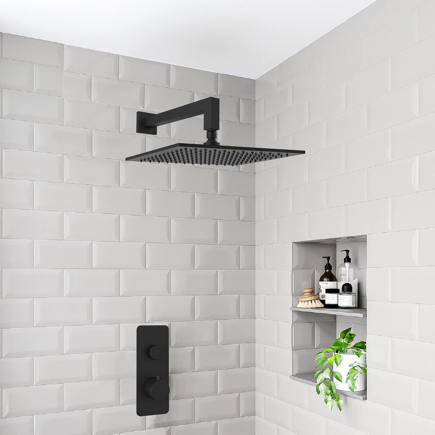 Aquaiaw Shower Head, 12 inch Fixed Rain Head Shower, Seamless Laser Soldered 304 Stainless Steel, 1-Piece Construction, Matte Black, Square, Wall or Ceiling High Pressure Shower, 2.5 GPM, Brass Joint