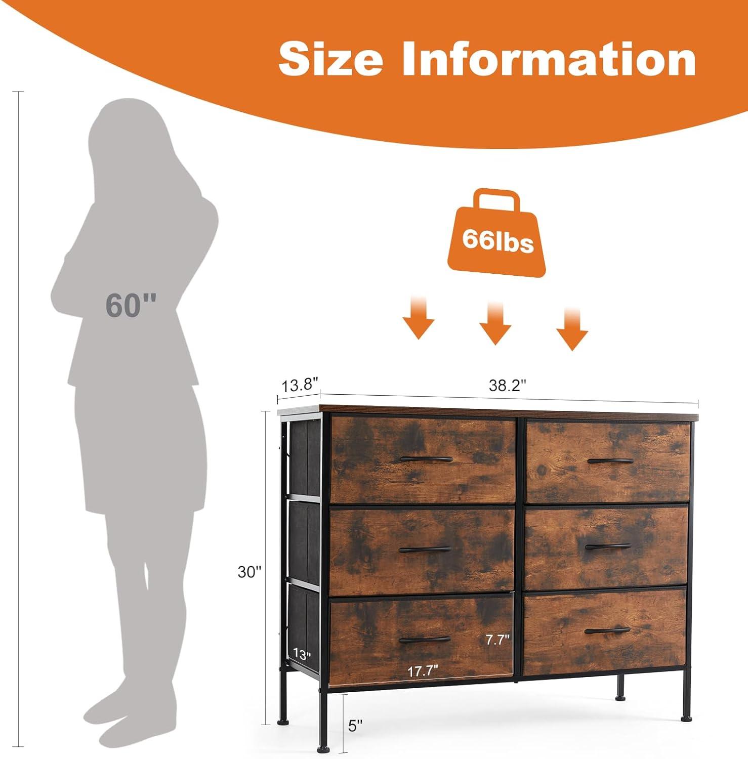 Sweetcrispy 6 Drawer Dresser for Bedroom, Fabric Chest of Drawers Dressers, Storage Tower Unit with Fabric Bins, Bedroom Dresser for Closet, Living Room, Hallway, Wood Top, Steel Frame, Brown