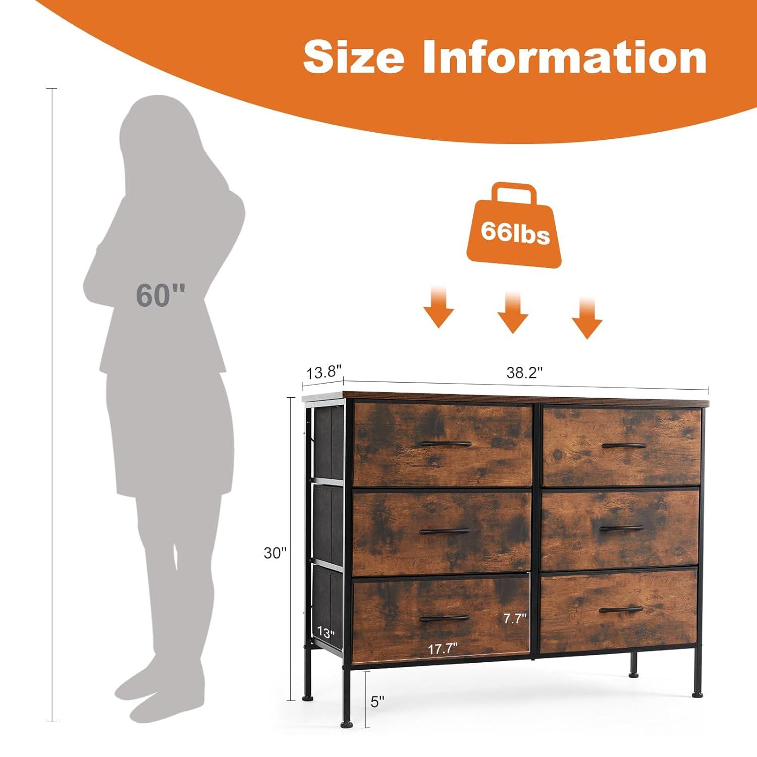 Sweetcrispy 6 Drawer Dresser for Bedroom, Fabric Chest of Drawers Dressers, Storage Tower Unit with Fabric Bins, Bedroom Dresser for Closet, Living Room, Hallway, Wood Top, Steel Frame, Brown