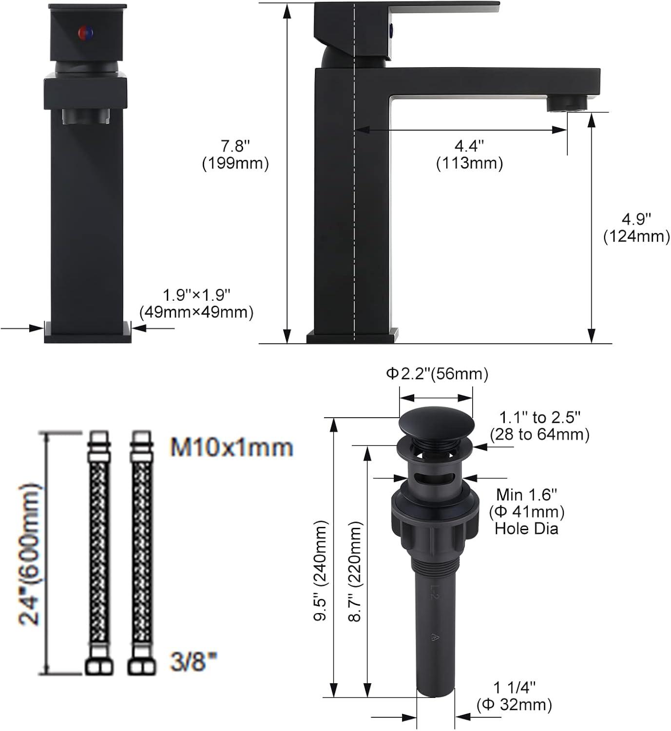 Matte Black Modern Single Hole Bathroom Faucet with Supply Lines