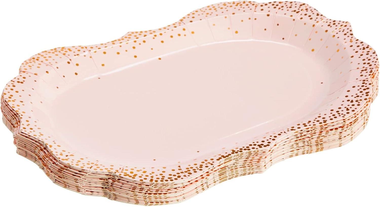 Sparkle and Bash 24 Pack Pink Disposable Serving Trays, Gold Foil Polka Dotted Party Platters, 9 x 13 In