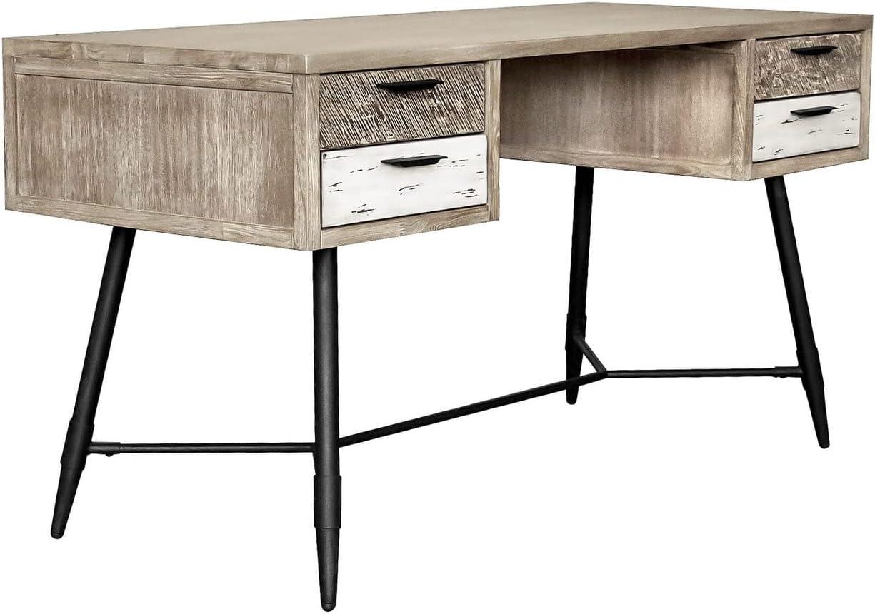 Transitional Two-Tone Acacia Wood Desk with Sleek Black Base