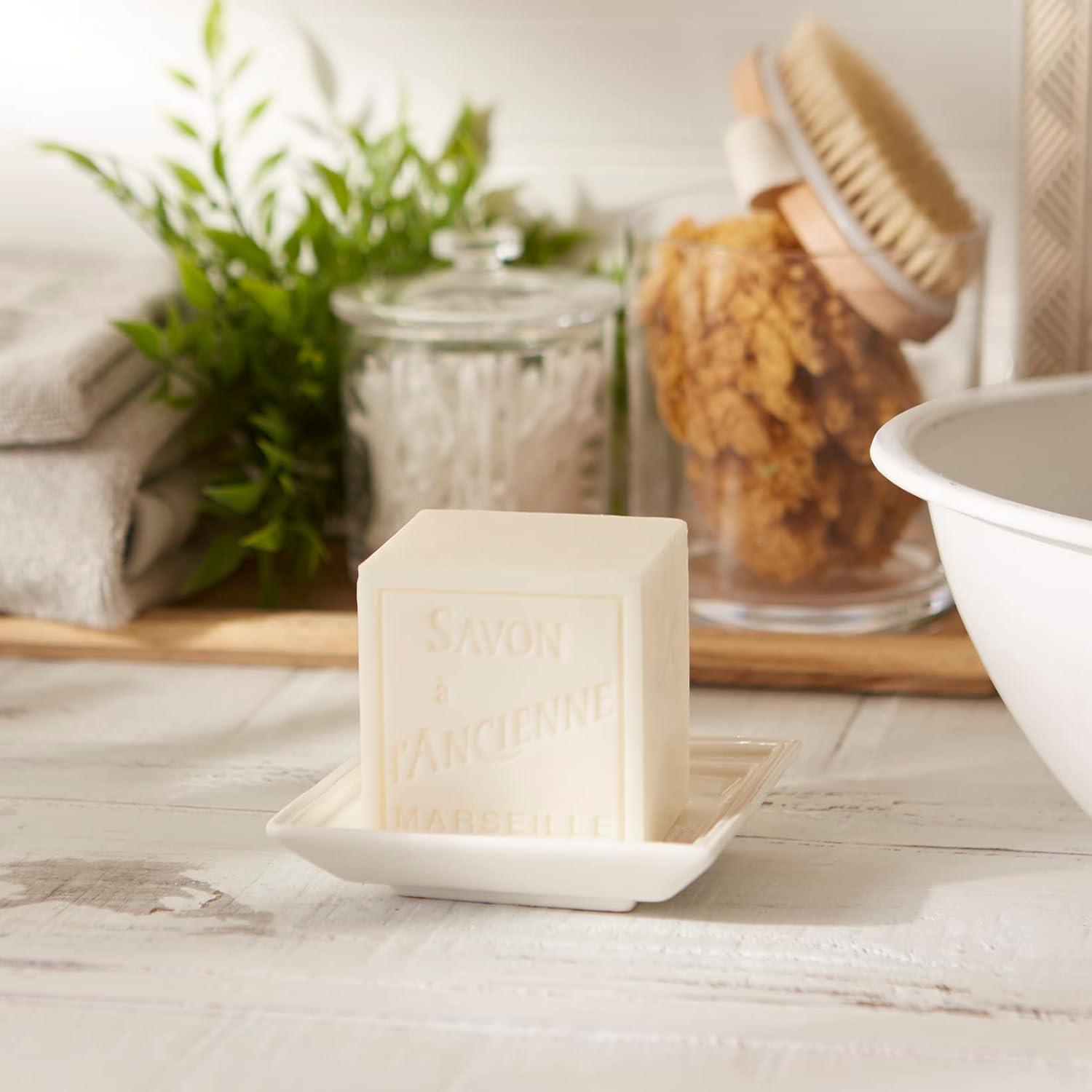 White Ceramic Square Soap Dish with French Design